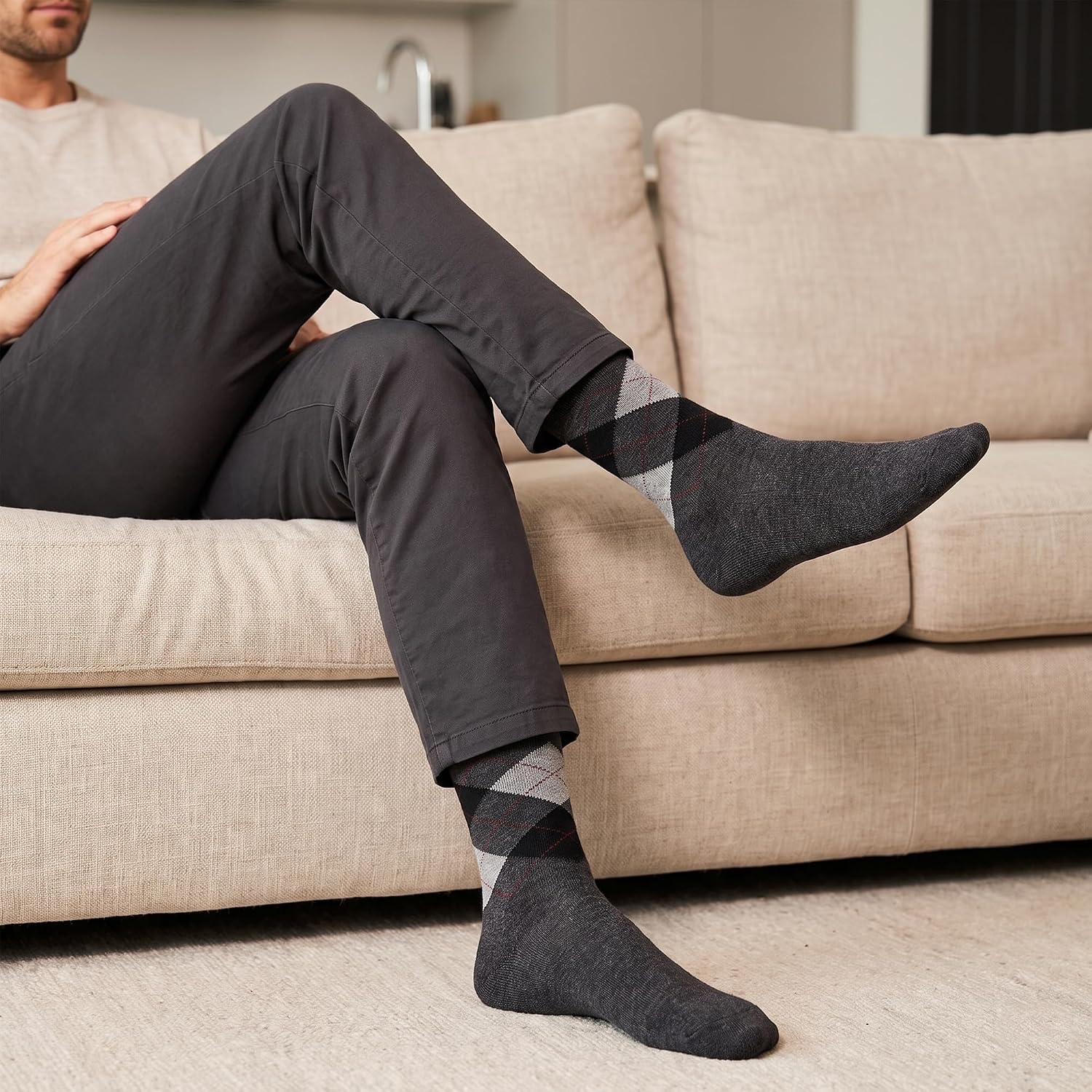 Men Argyle Crew Dress Socks, Mid Calf Business Wedding Socks, 6 Pairs Multi Color