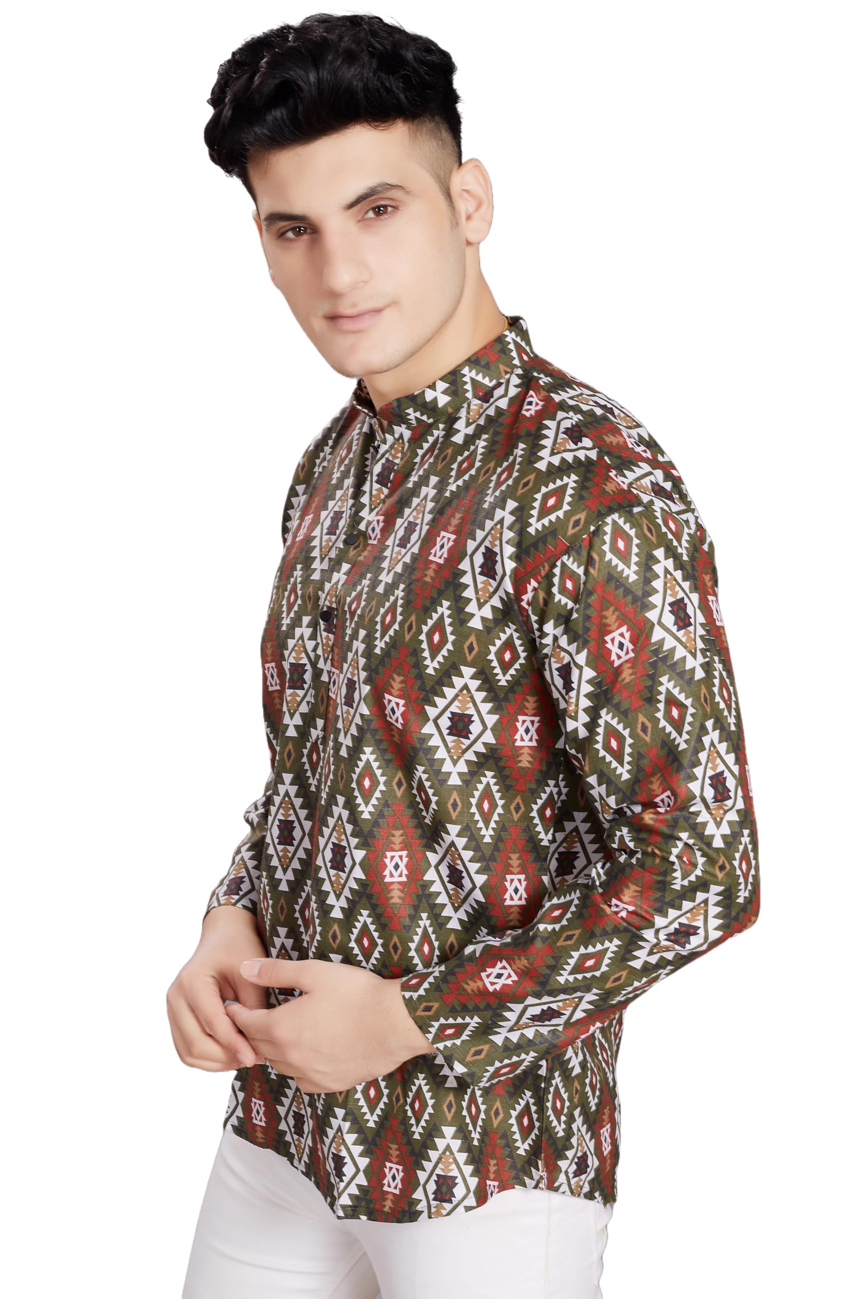 Divisive Men's Pure Cotton Relaxed Fit Printed Short Kurta (Dkrt446_Xxl_Green)
