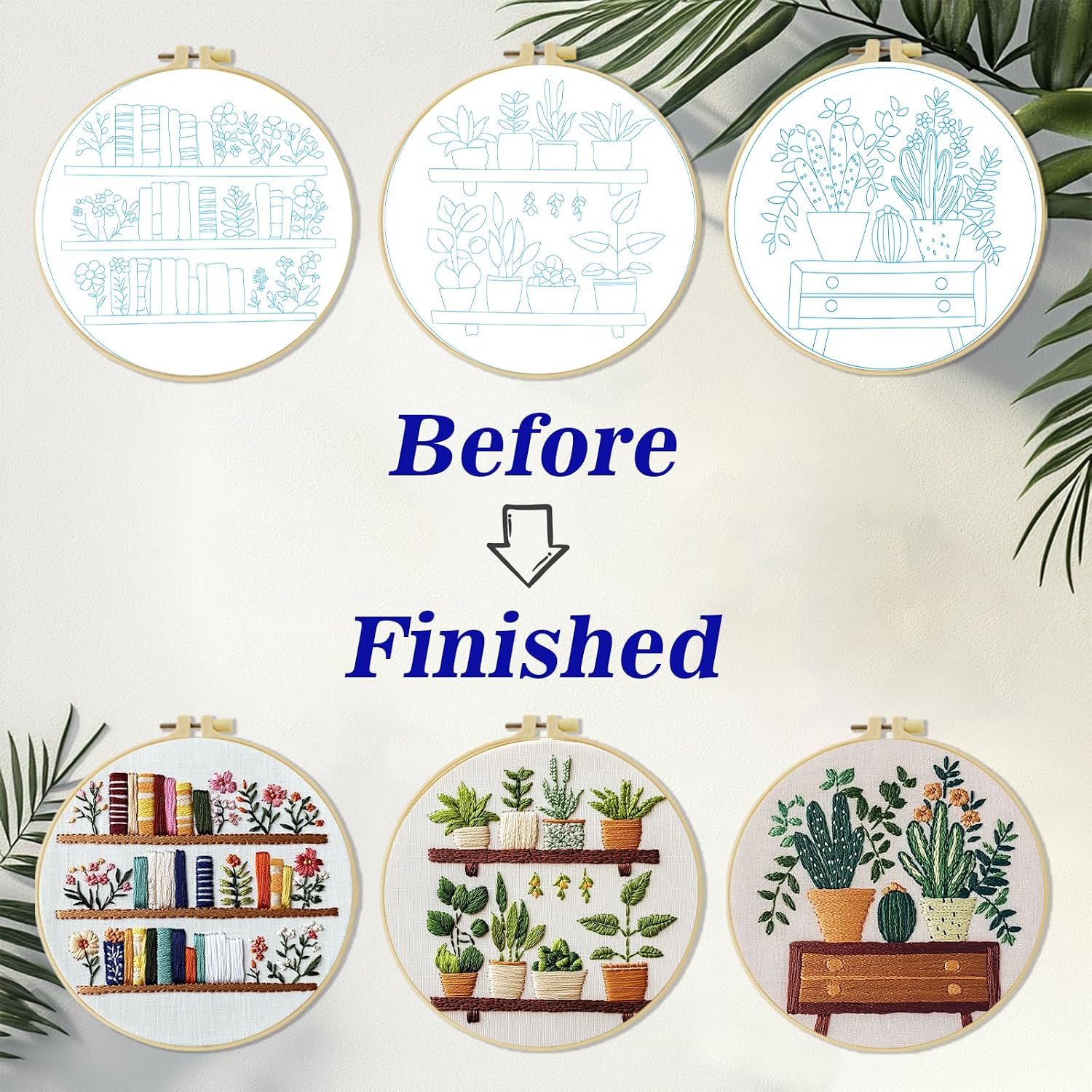 ZuoAnLF 3 Set Embroidery Starter Kit Printed Cross Stitch Kit with Plant Shelf Patterns for Adults, Home Decor and Gifts