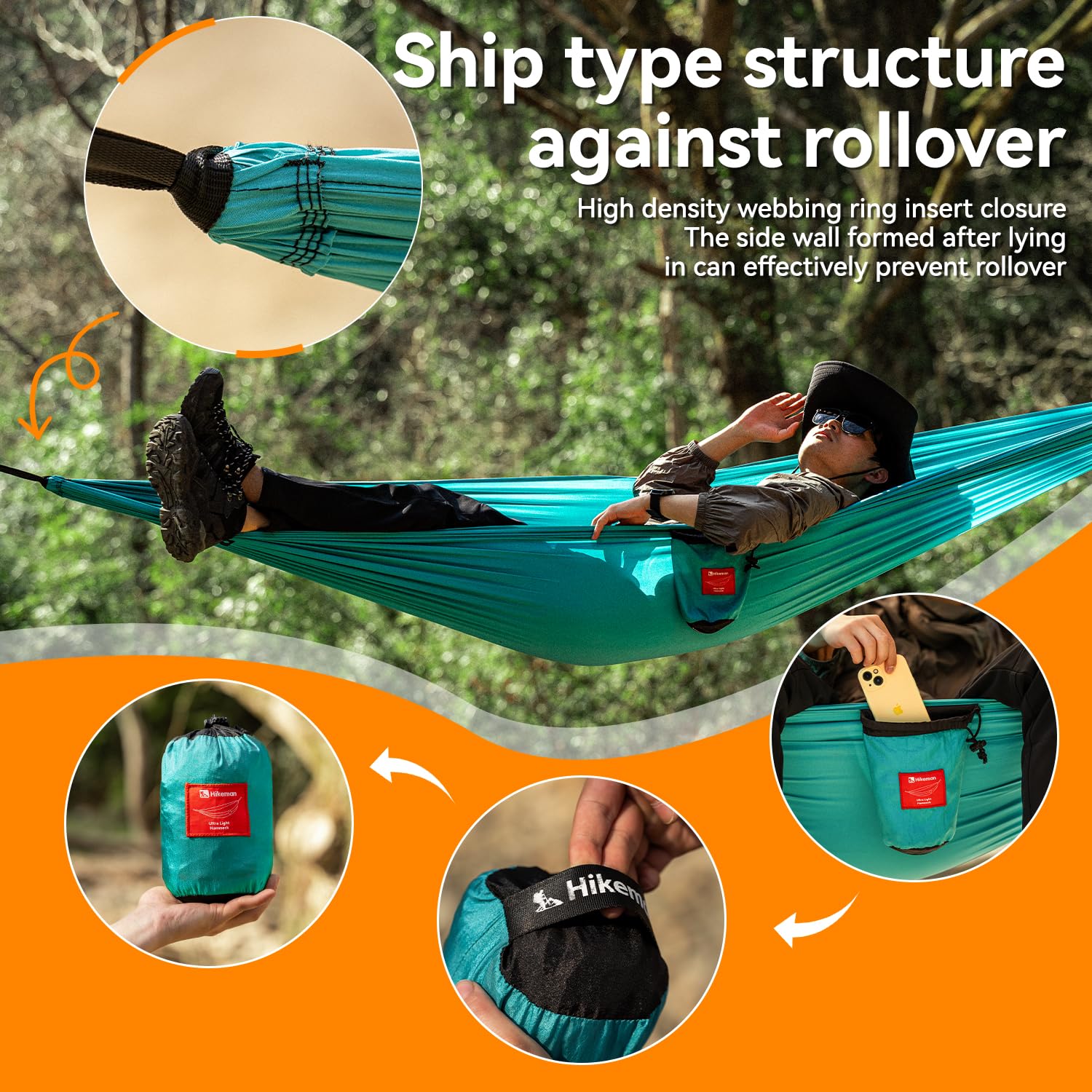 Hamac de camping ultraléger – Hamac de voyage portable avec deux sangles d'arbre, 270 x 145 cm pour camping, randonnée, pique-nique, jardin, plage (bleu)
