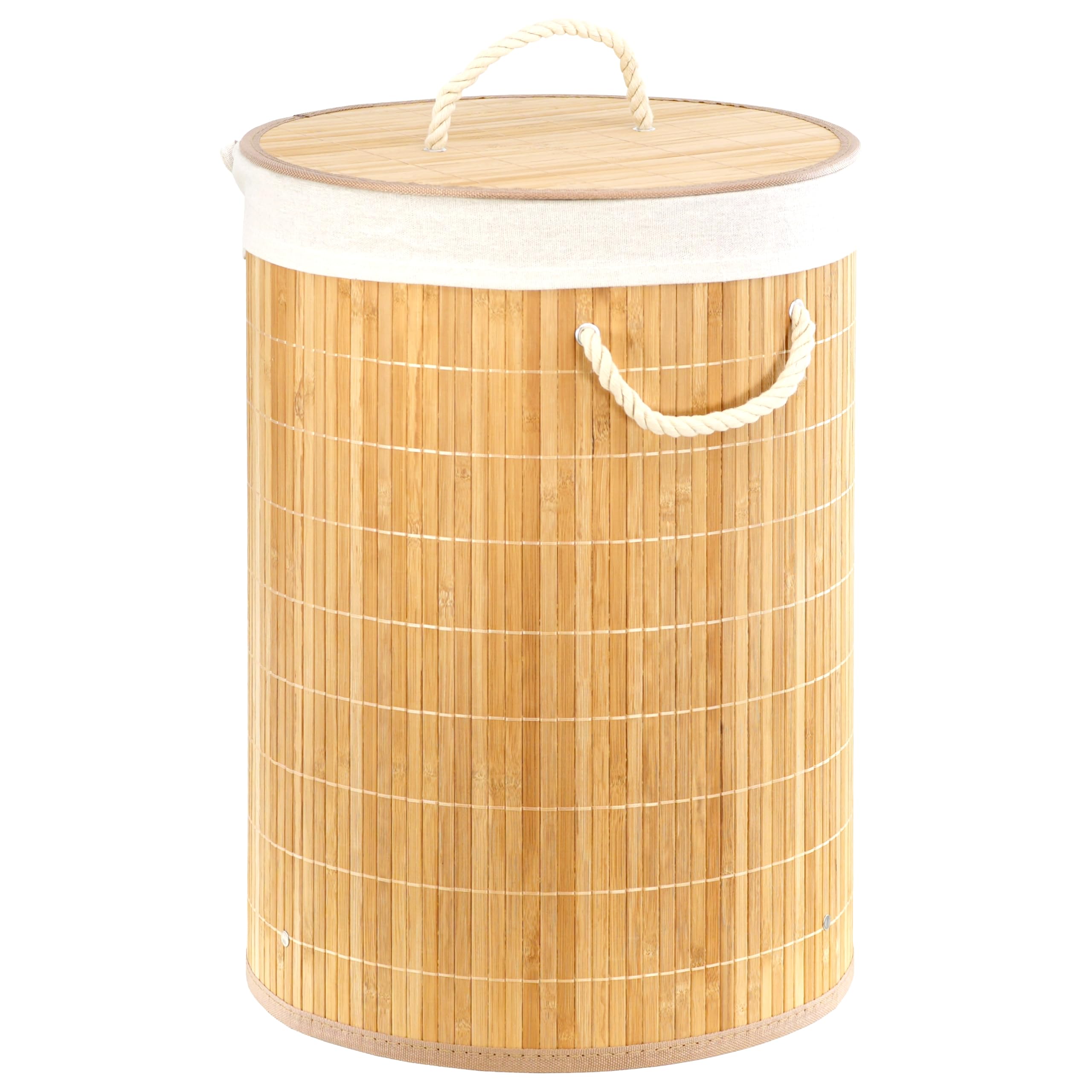 Geezy Beige Round Bamboo Laundry Hamper With Lid 48L - Foldable Laundry Basket, Removable Fabric Liner Bag, Sturdy Rope Handles - Collapsible Washing Bin Bedrooms, Bathrooms, Dirty Clothes Storage