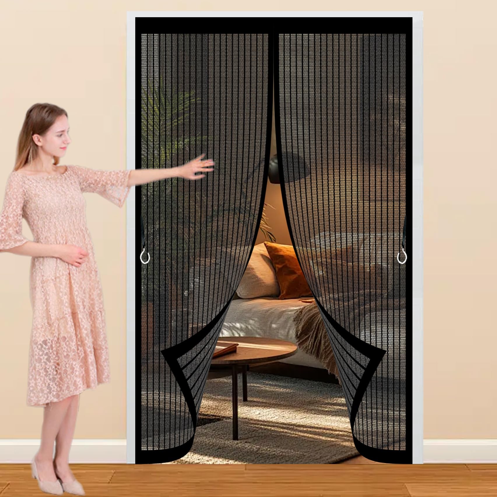 Magnetic Screen Door 105 x 190 cm with Powerful Magnets & Full Frame Magic Tape, Keep Bugs Out & Lets Fresh Air in Insect Protection Door for Patio Doors Balcony, Black