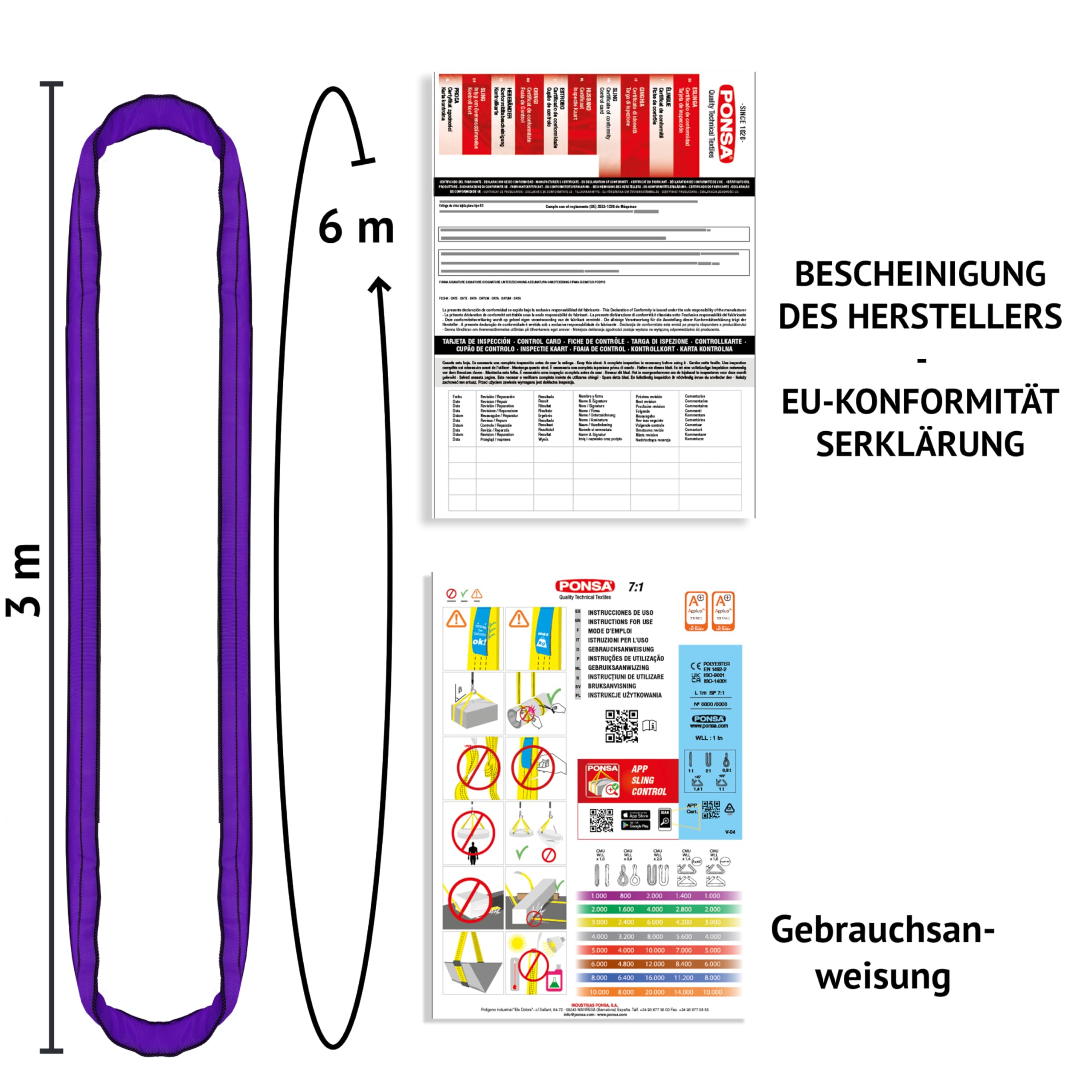 PONSA - Hebeschlinge - Rundschlinge Schlupf Hebeband 4m Umfang, 2m Nutzlänge - Polyester - EN 1492-2 Norm - Tragkraft bis zu 3000 kg (1000 kg / 6m Umfang (Pack 2 STK.))