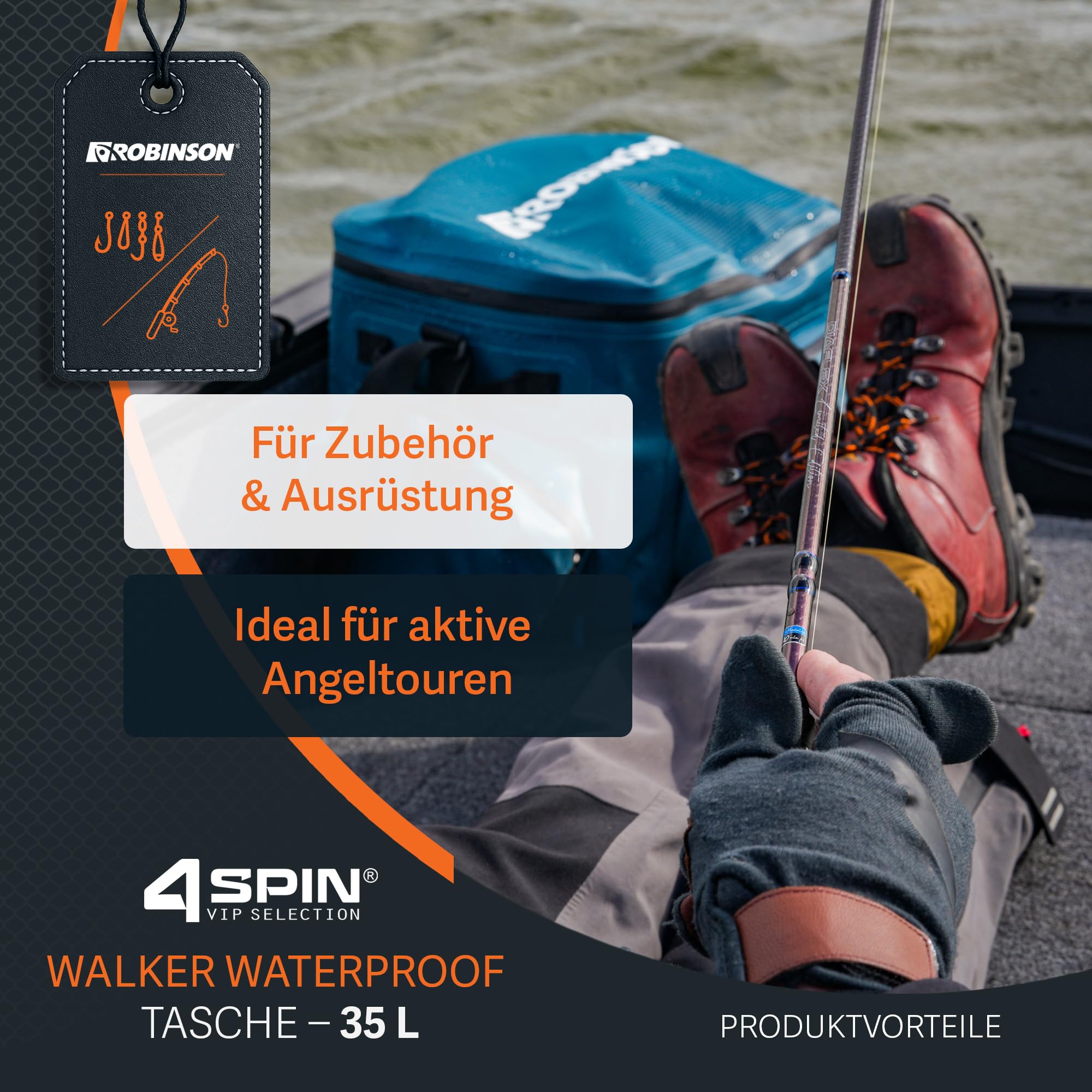 Robinson wasserdichte Angeltasche - Leichter Angelrucksack mit Rutenhalter, 100% versiegelt, viele Befestigungspunkte, robust, ideal zum Spinnfischen & Watangeln - Walker 4Spin