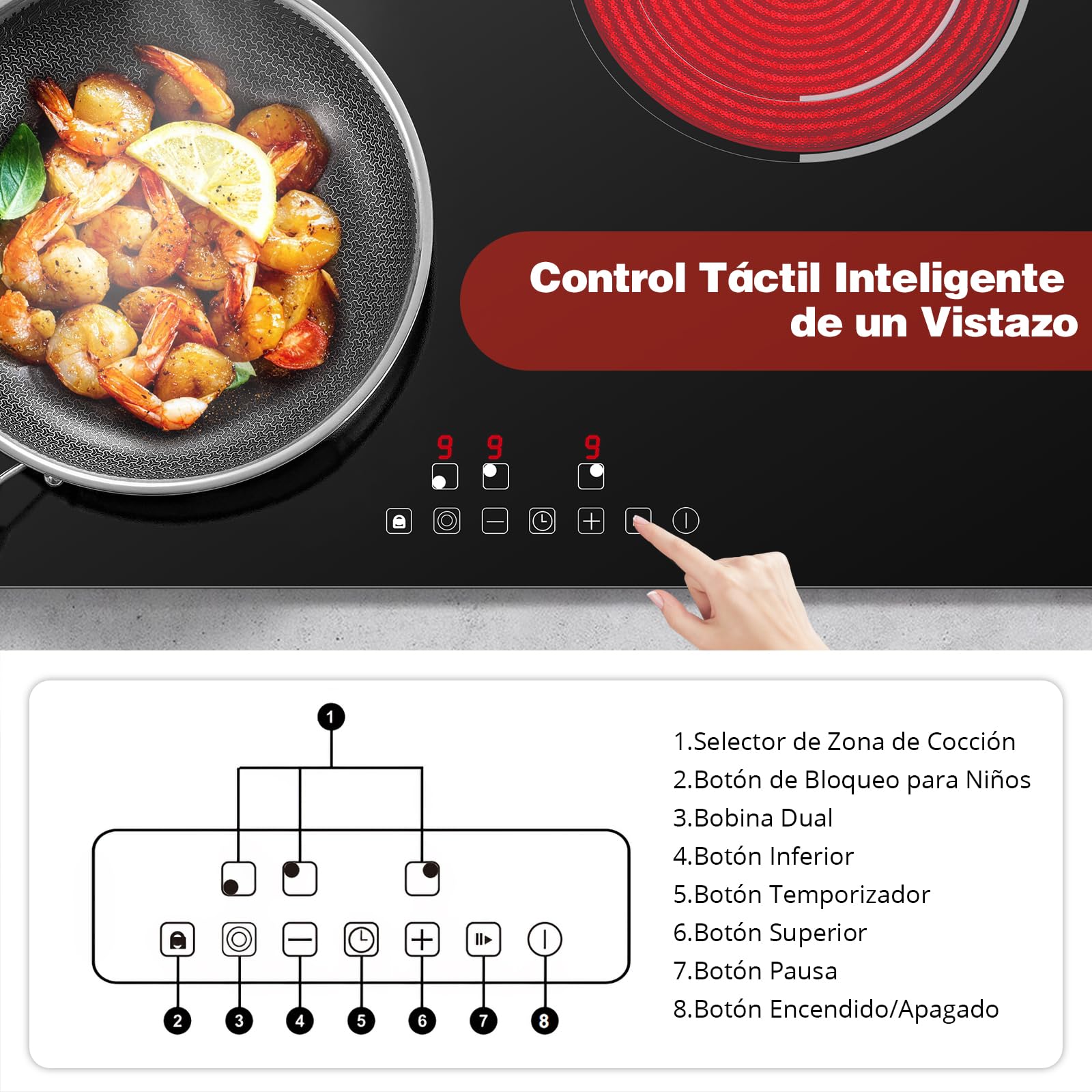 SNDOAS Placa Vitrocerámica 3 Fuegos 5200W, Vitroceramica 3 Zonas de Cocina (1200W+1800W+2200W), 9 Niveles de Calor, Seguridad para Niños, Temporizador 99 Min, Compatible con Todos los Utensilios - 5