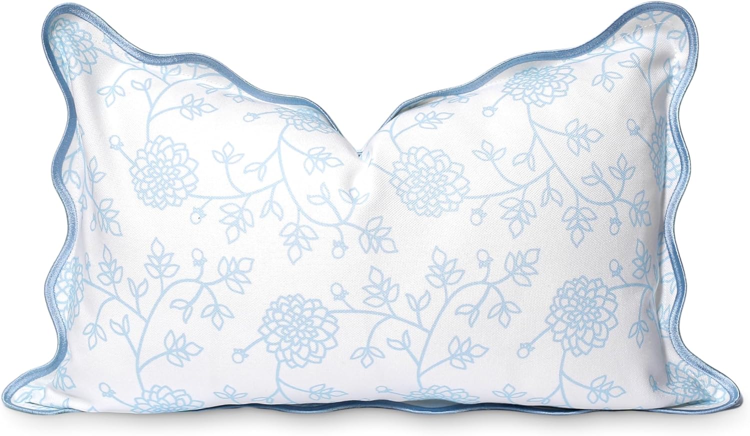 Hofdeco Premium Coastal Patio Indoor Outdoor Scalloped Lumbar Pillow Cover Only, 12x20 Water Repellent for Backyard, Couch, Baby Blue Print Dahlia Floral