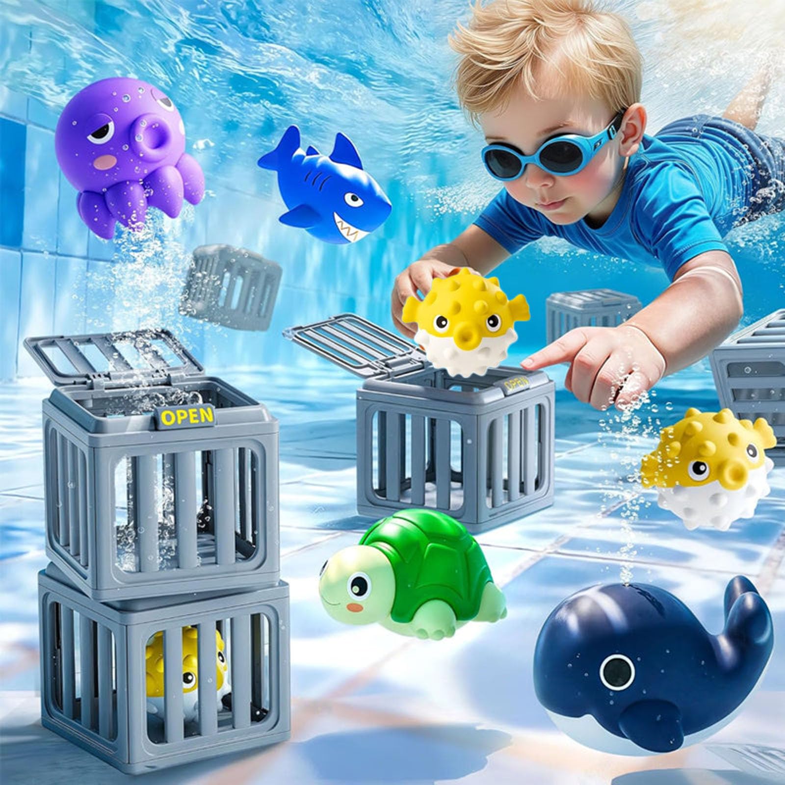 Générique Jeu de Piscine de plongée dans l'eau, Ensemble de Jouets de Bain avec boîte à Poissons, Animaux flottants, Cadeau de fête d'été pour garçons et Filles (A)