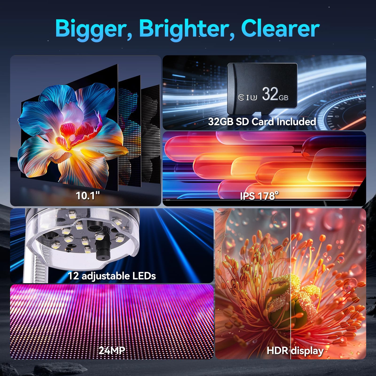 Microscopio digitale Pro con display IPS da 10,1 pollici, 3 obiettivi (1000X-2500X) per saldatura e biologia, fotocamera 2K, anello luminoso a 144 LED, HDMI/USB, 32 GB per bambini e professionisti