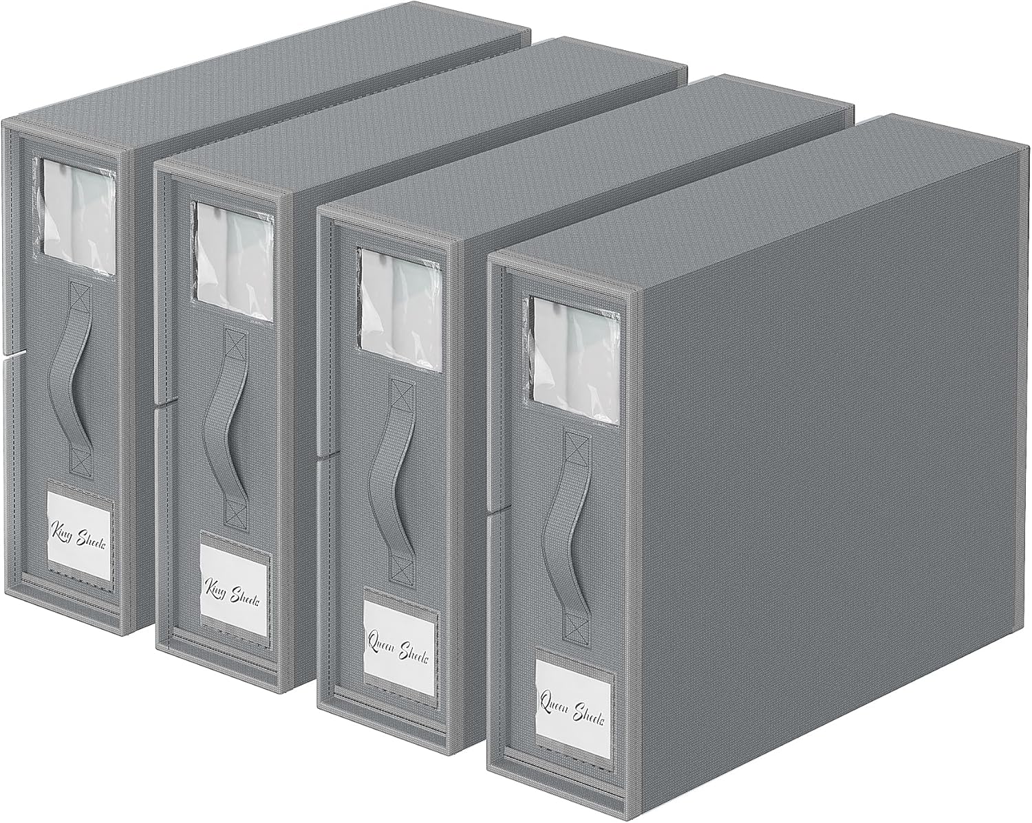 4 Pack Bed Sheet Organizers and Storage (Queen or King Size), Foldable Bedding Storage Box with Handle, Window, Label, Sheet Storage Organizer for Linen Closet, Bedsheet, Duvet Cover, Pillow