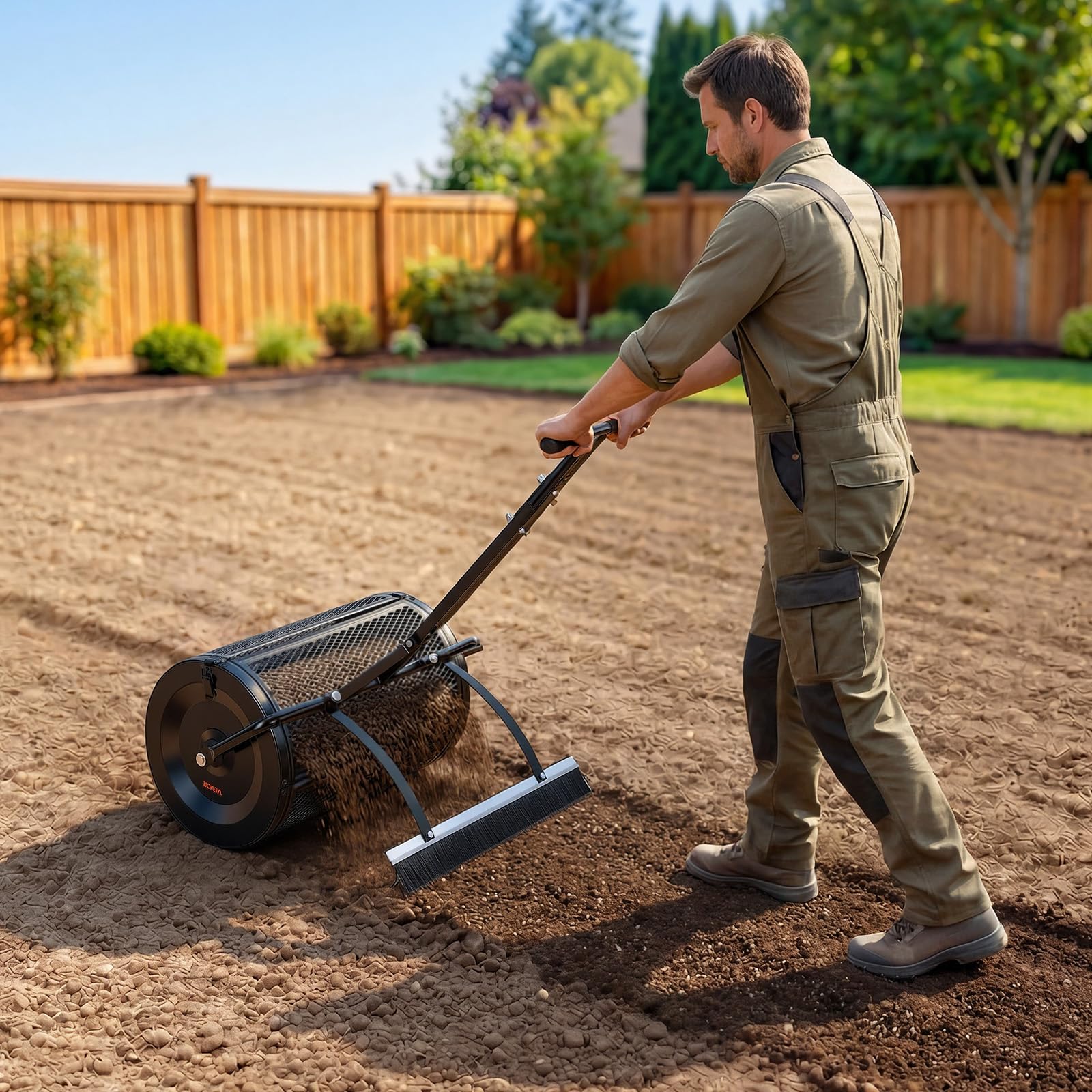 VEVOR Spargitore a Rullo per Compost Giardino, Spargitore per Terreno Larghezza 61 cm Rullo a Rete per Distribuzione di Muschio da Prato Maniglia a Spinta Altezza Regolabile, Spandiconcime per Prato