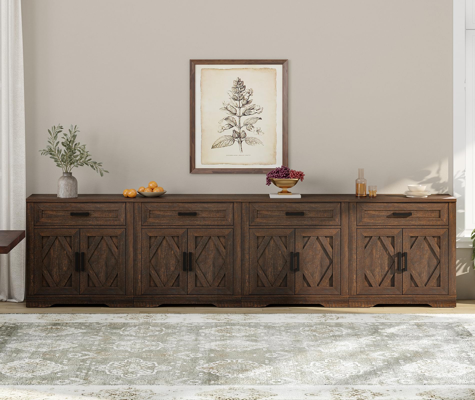 wampat 126-inch long vintage farmhouse style sideboard with large storage, 4-in-1 rustic wood buffet cabinet with drawers and barn door for kitchen, dining room, coffee bar, dark brown