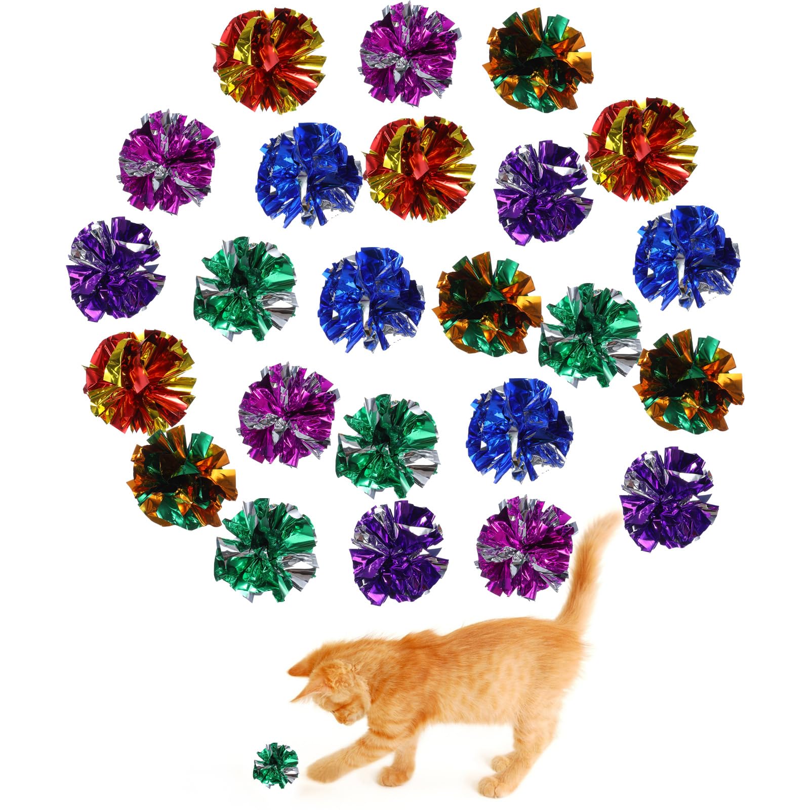 Larrel 24PCS Cat Crinkle Balls, 2 Inch Cat Crinkle Toy Balls, Lightweight Shiny Colorful Paper Ball for Cats and Kittens, Interactive Crinkles Ball for Chase, Training, Activity, Indoor