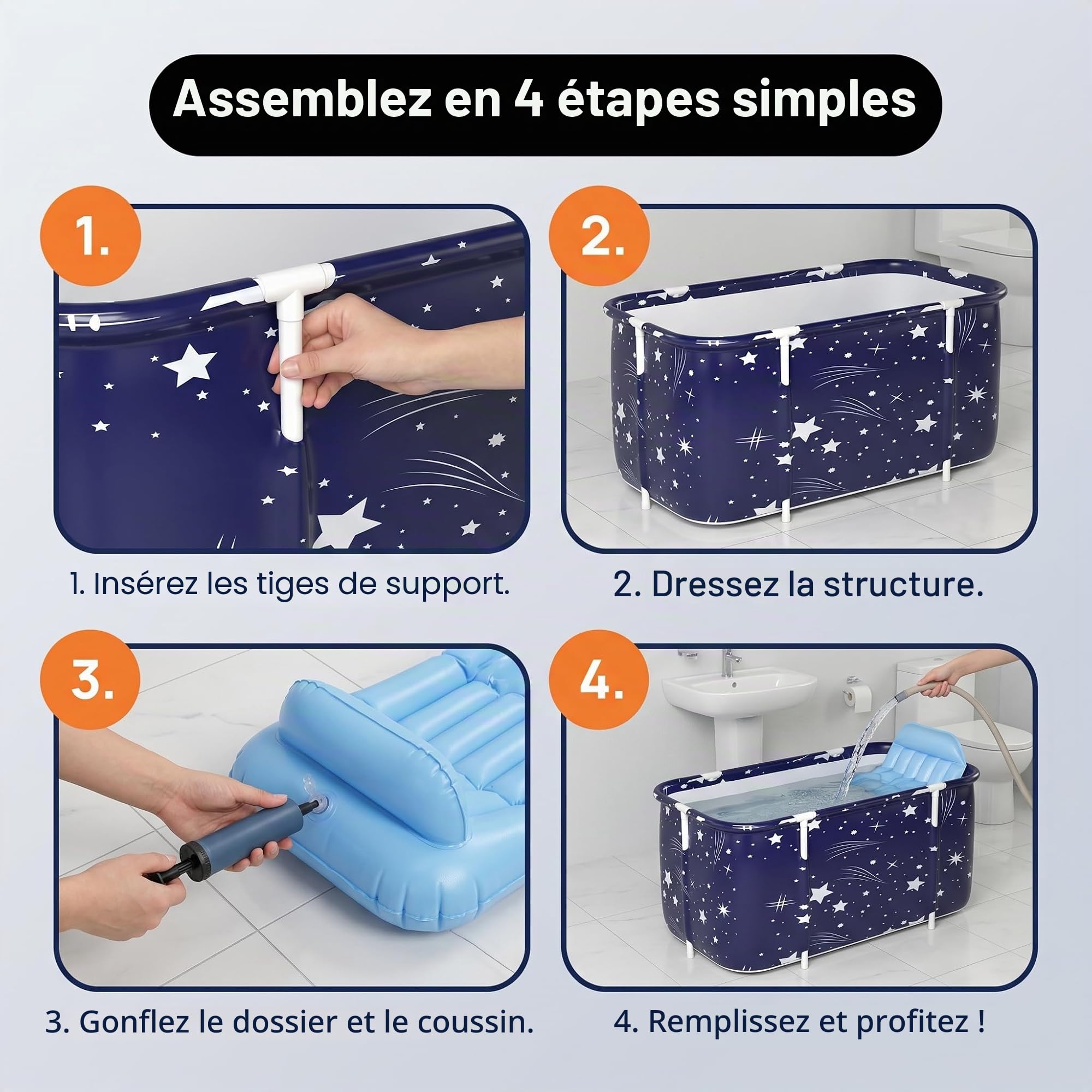 Baignoire Pliable Adulte, 120x55x50cm Portable Grande Baignoire de Trempage pour Bain Chaud, Bain Glacé, Spa, Seau de Bain Épais, pour Deux Personnes avec Dossier, Coussin et Pompe