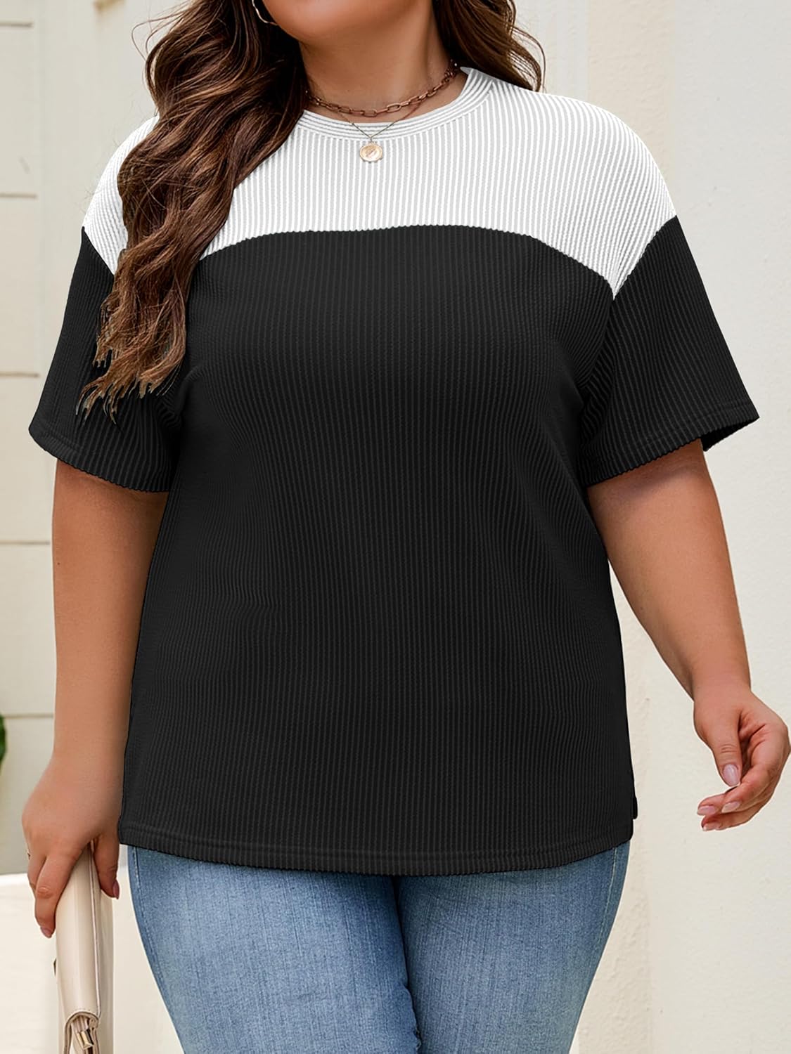 Womens Plus Size Short Sleeve Color Block Pullover Tunic Tops Summer Casual Crewneck Side Split T Shirts - Image 2