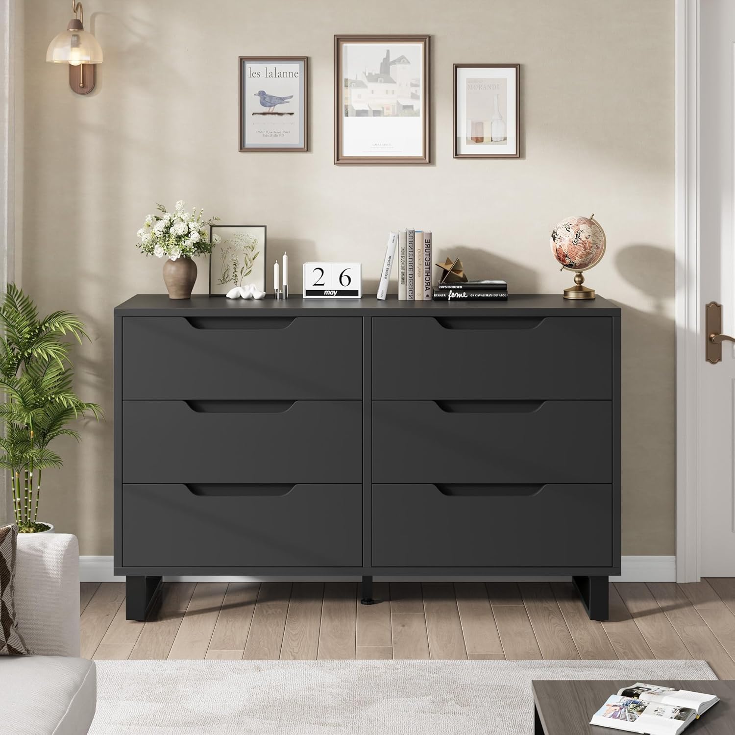 GarveeHome 6 Dresser for Bedroom, 47.2 in Wide Dresser, Freestanding Vertical Drawer Cabinet with Storage, Wooden Closet Storage Chest for Living Room, Hallway, Entryway, Black