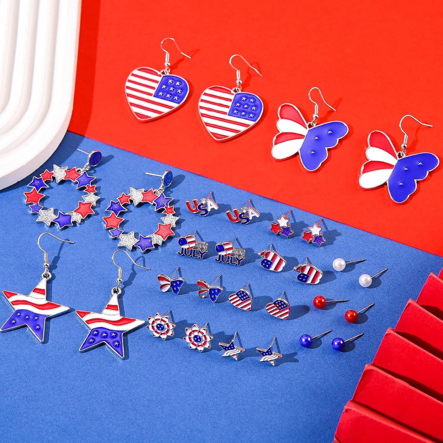 30 Pieces 4th of July Earring Stud Patriotic Earrings Set for Women Enamel Heart Star Butterfly USA Flag Earring Hypoallergenic Independence Day Earrings Jewelry Accessories