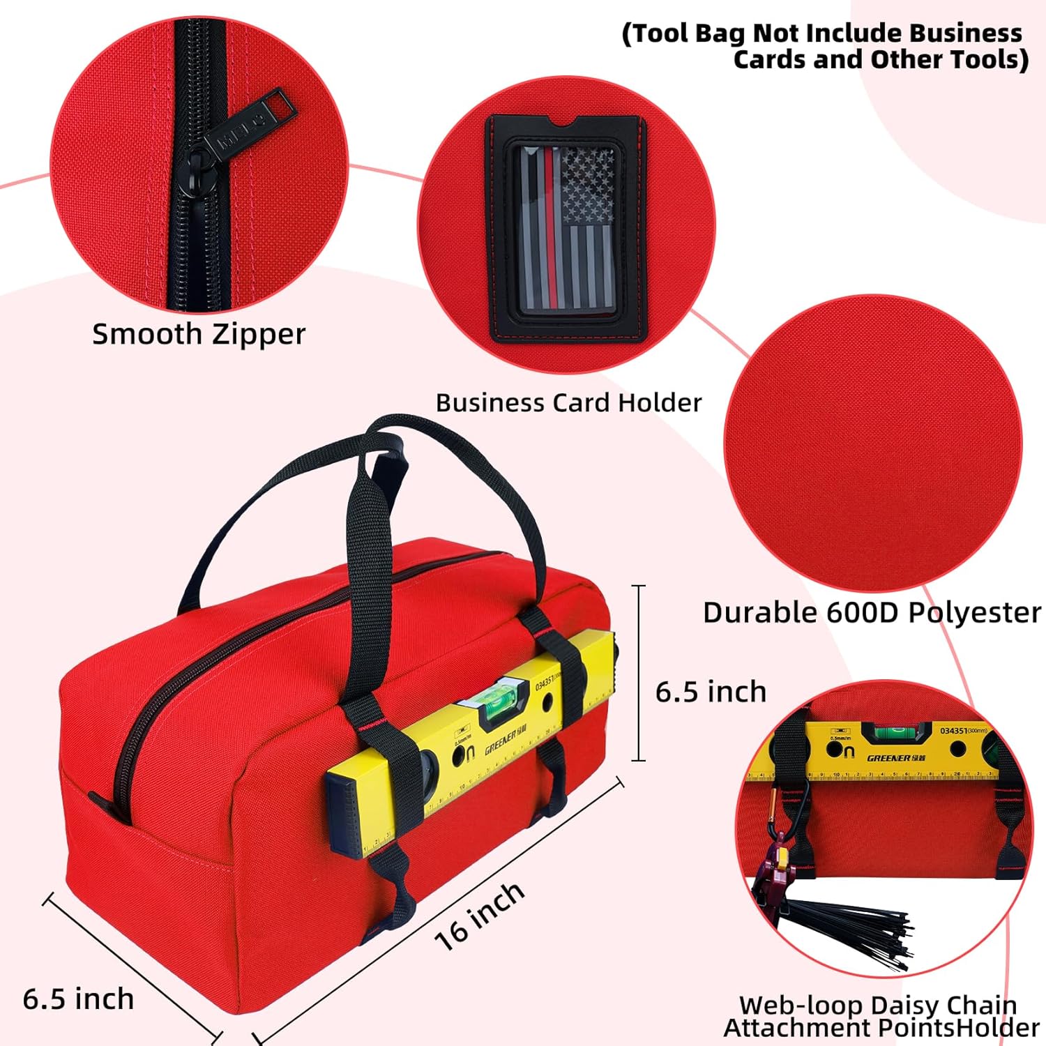 MELOTOUGH 16 Inch Tool Bag Canvas Tool Tote Bag with Zipper Heavy Duty Portable Tool Bag Organizer for Electrician,Mechanic,Gardening(Red & Grey)