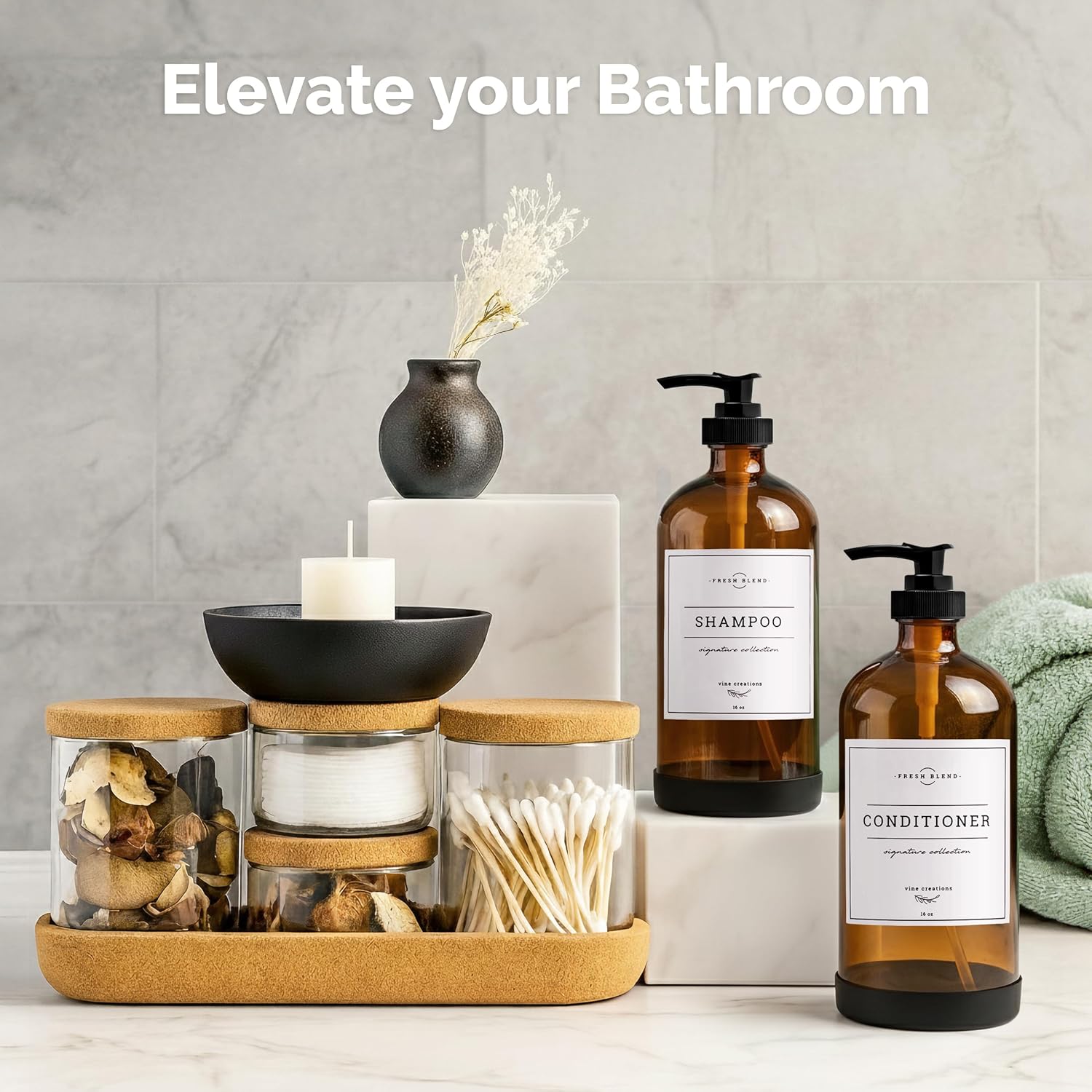 Vine Creations Amber Glass Soap Dispenser, 2 Pack Kitchen Soap Dispenser Set with Rustproof Pump, 16 oz Dish Soap and Hand Soap Dispensers for Bathroom with Waterproof Labels - Image 4