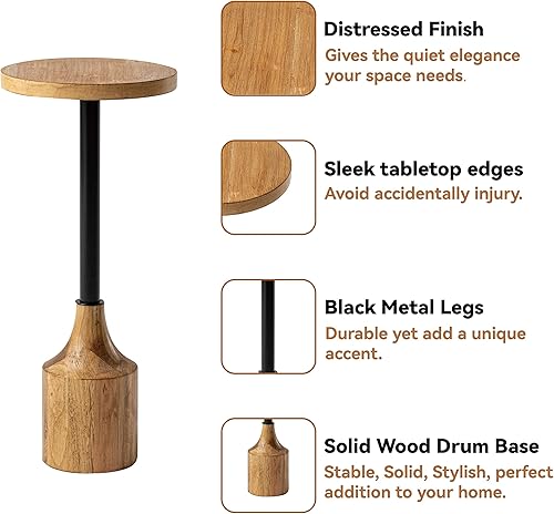 Miniatura 5 de COZAYH Mesa auxiliar de pedestal de granja, mesa de bebida de madera rústica con base, mesa redonda de Martini para espacio pequeño, sala de estar,
