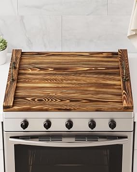 30" x 22"Noodle Board Stove Cover Carbonized Pine Wood | Stove Top Covers for Electric Stove with Retro 2 Handles, Extra Counter Space, as Serving & Charcuterie Tray, Cutting Board