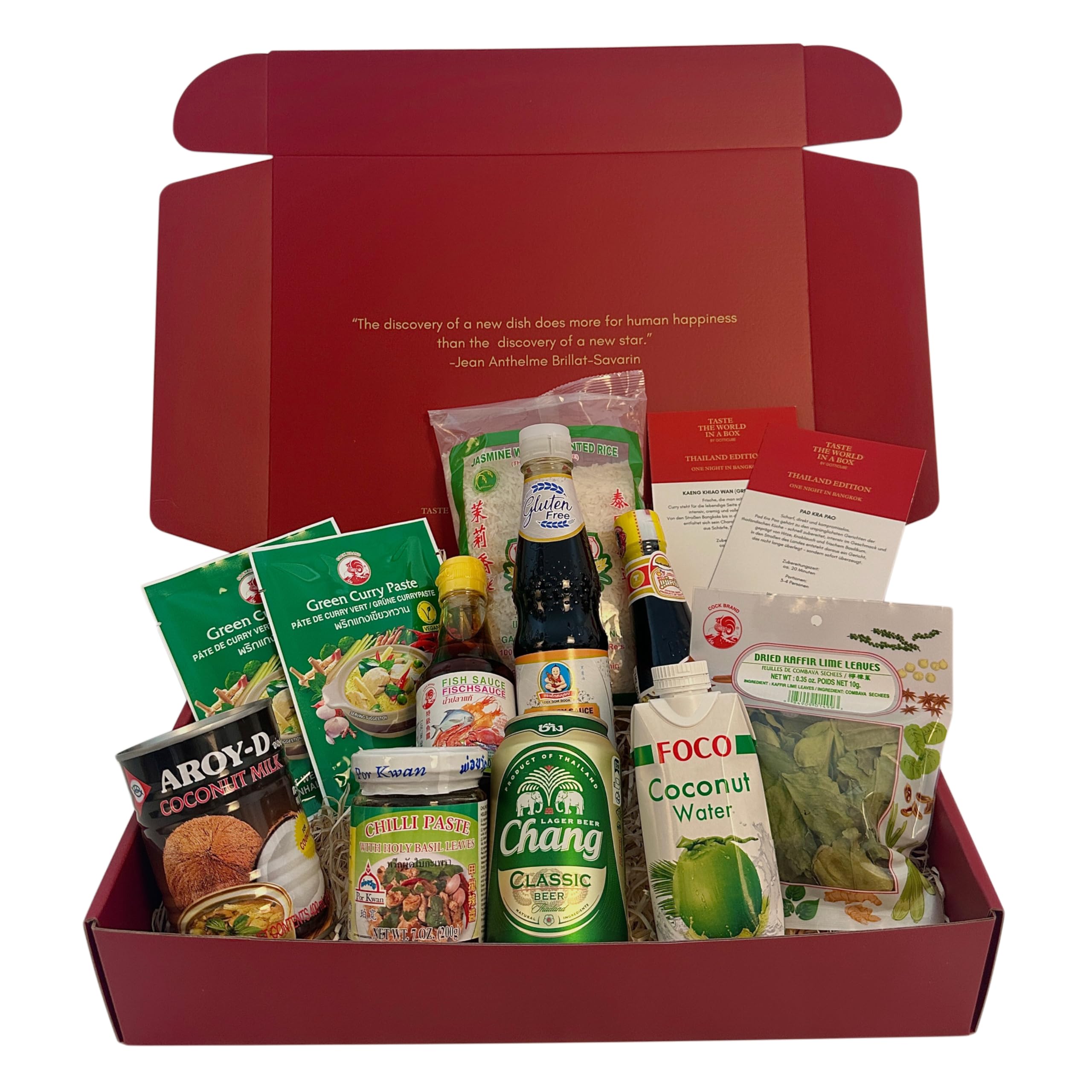 Thai Kochset & Geschenkset | Original Zutaten für Grünes Curry & Pad Kra Pao | Kochbox für bis zu 15 Portionen | Inkl. Getränke & Rezeptkarten | Authentisches Thailand Geschenk