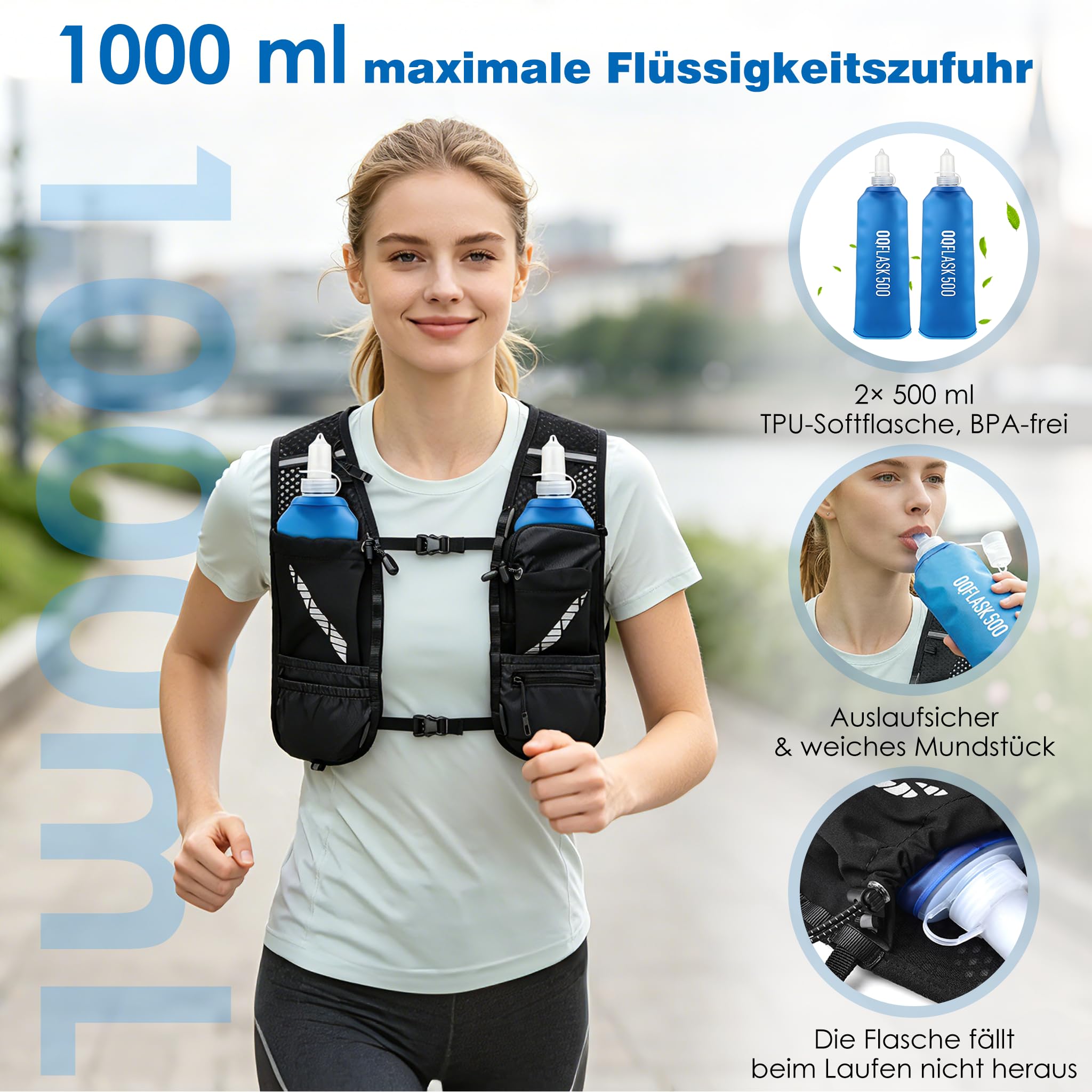 FIVAVA - Laufweste für Damen und Herren – mit 2 faltbaren Trinkflaschen (500ml) – Reflektierende Running Vest mit Trinkrucksack – Ideal für Marathon, Trailrunning, Jogging & Radfahren