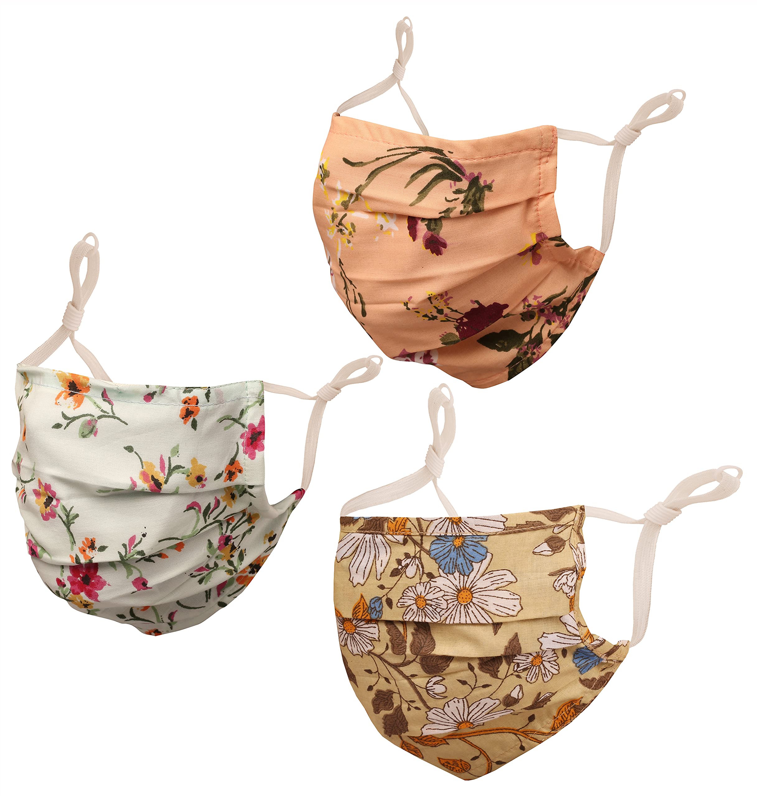 Touchstone Floral Fabric Adjustable filter pocket nose bridge double layer cotton face mask reusable washable for men, women (Pack of 3). Peach Blue Beige