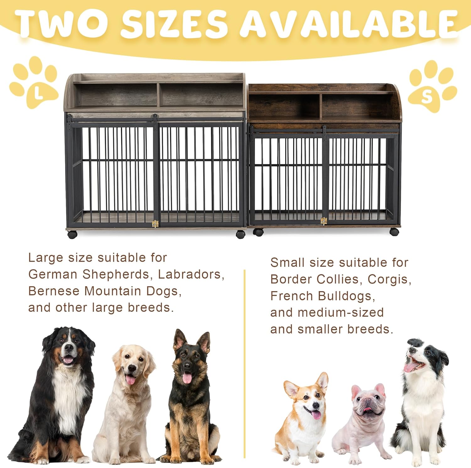 Front view of the assembled RGkuti dog crate furniture, highlighting the sliding door and top shelf.