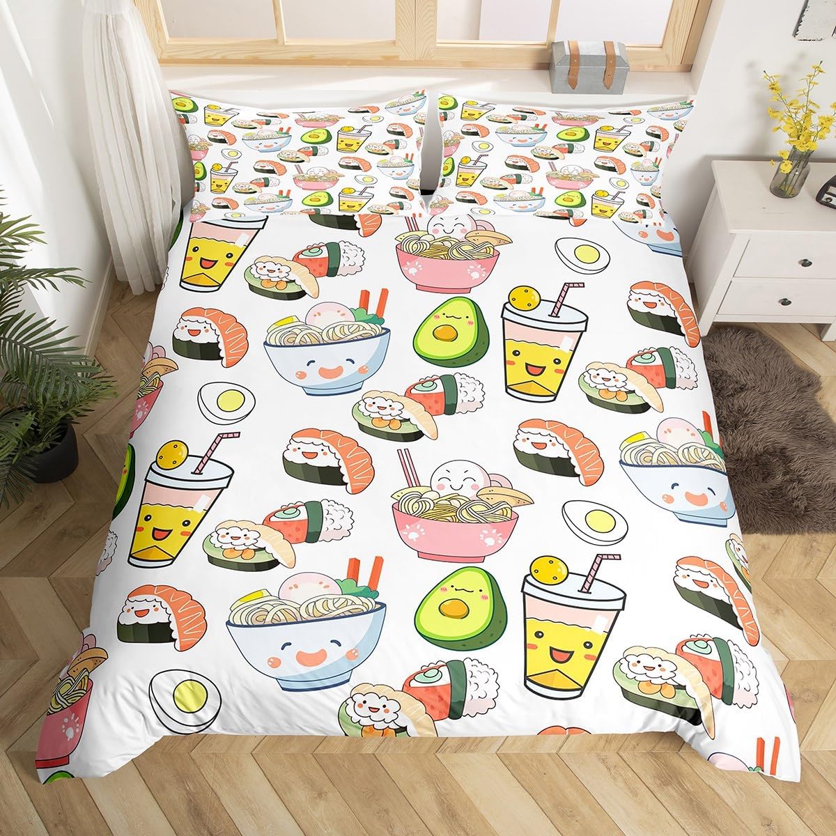 Feelyou Sushi Pattern Comforter Cover Set Japanese Style Duvet Cover for Kids Boys Girls Cute Cartoon Sushi Bedding Set Japanese Cuisine Decor Bedspread Cover Bedroom Collection 2Pcs Twin Size
