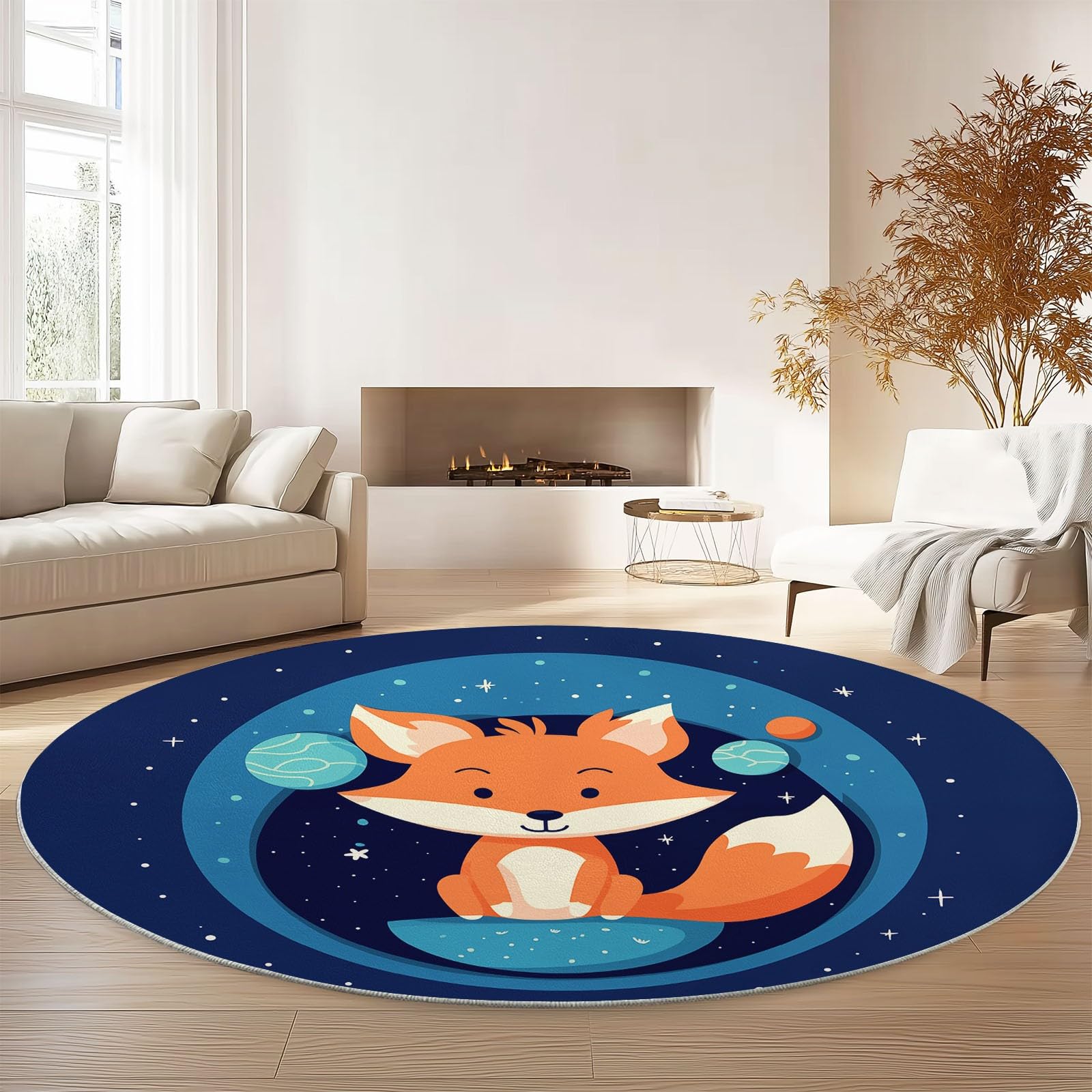 Generisch Waschbar Runder Teppich 120 cm, Dunkelblau Weich Kurzflor Runde Teppiche für Schlafzimmer Eingang Schmücken - Niedlich Cartoon Tier Fuchs Muster rutschfest Pflegeleicht Teppich