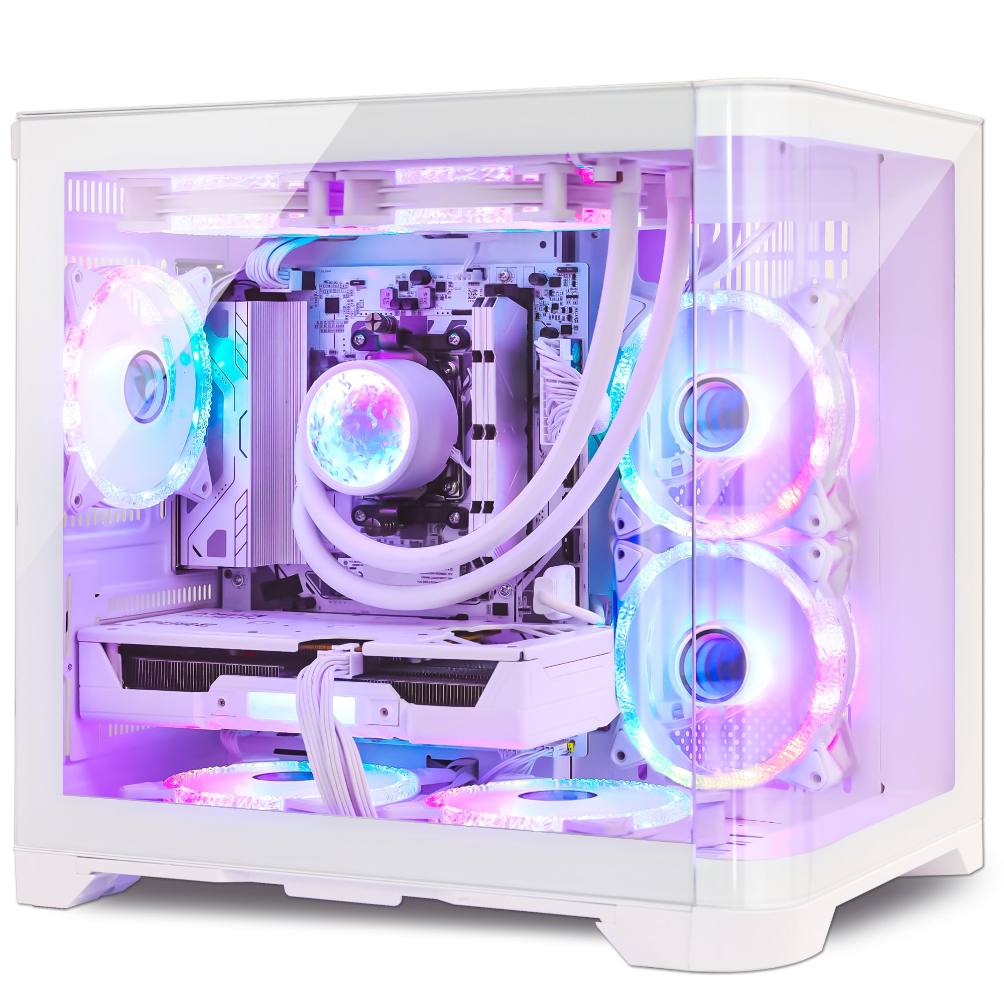 Poseidon Prebuilt White Gaming PC Desktop, 32GB DDR5, AMD Ryzen 5 9600X, RTX 5060 8G, 1TB PCIe SSD, 650W PSU, Water Cooling & 7 ARGB Fans with Software, High-end Tower Computer for Gamer, Home