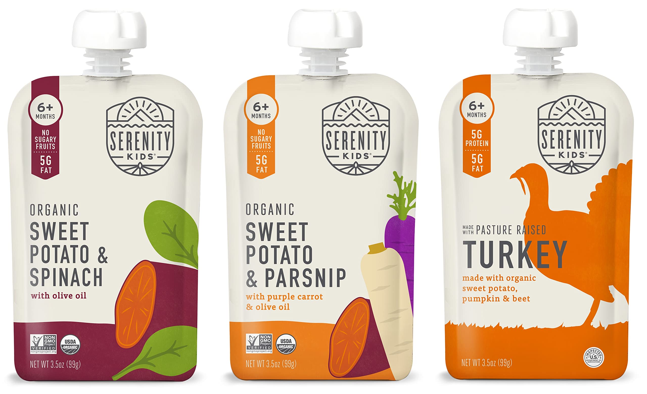 Serenity KidsSweet Potato Lover Baby Food Pouch Bundle | 6 Each of Organic Sweet Potato & Spinach, Sweet Potato & Parsnip and Pasture Raised Turkey, Sweet Potato, Pumpkin, & Beet (18 Count)
