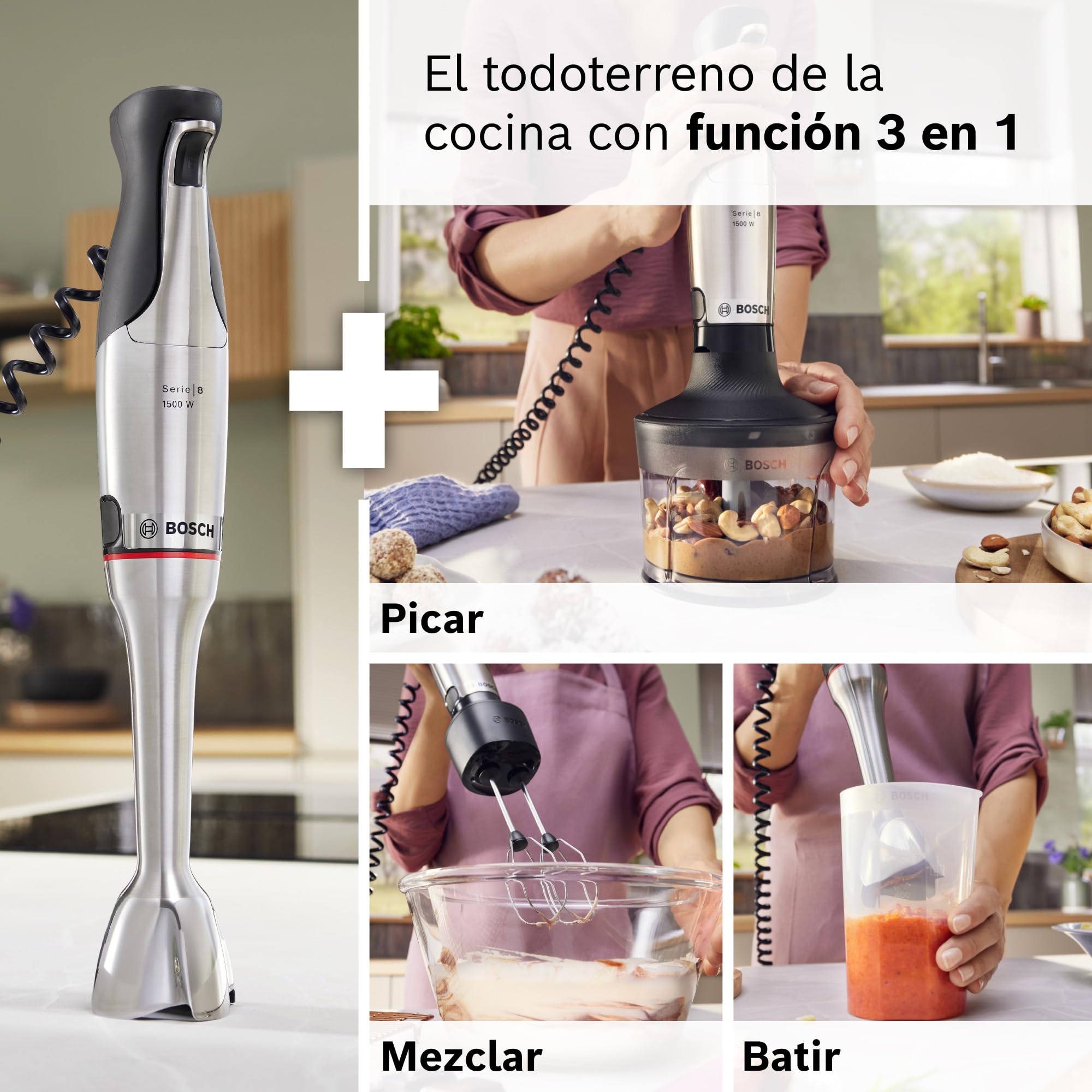 Bosch - Batidora de mano, serie ErgoMaster 8, motor de 1500 vatios, ajuste intuitivo de la velocidad, cuchilla de 6 hojas, accesorios incluidos, acero inoxidable, MSM8M934