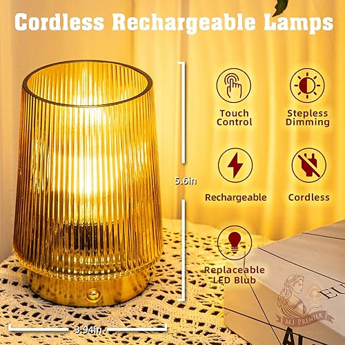 Miniatura 3 de MJ PREMIER Lámparas inalámbricas recargables de cristal, lámpara de mesa portátil, regulable, brillo táctil, funciona con pilas, lámpara táctil