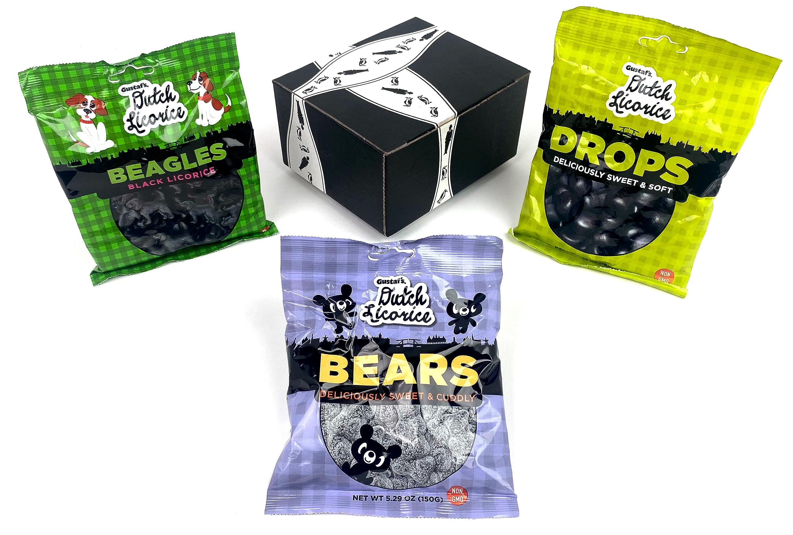 Gustaf's Soft Dutch Black Licorice 3-Flavor Variety: One 5.29 oz Bag Each of Beagles, Bears, and Drops in a BlackTie Box (3 Items Total)