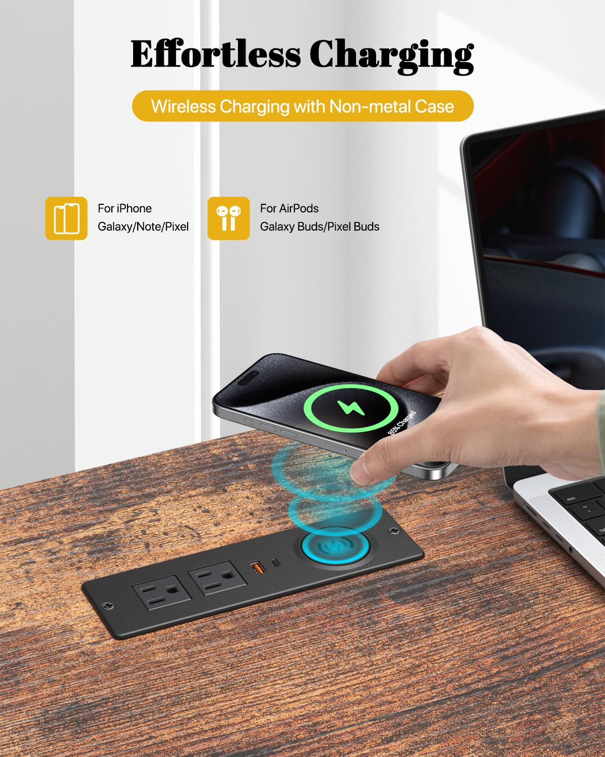 Kungfuking Recessed Power Strip with 20W USB C, ETL Listed Flush Mount Desk Outlet 10W Wireless Charging Station with 2 Outlets & 2 USB Ports, Furniture Outlet for Nightstand/End Table/Side Table