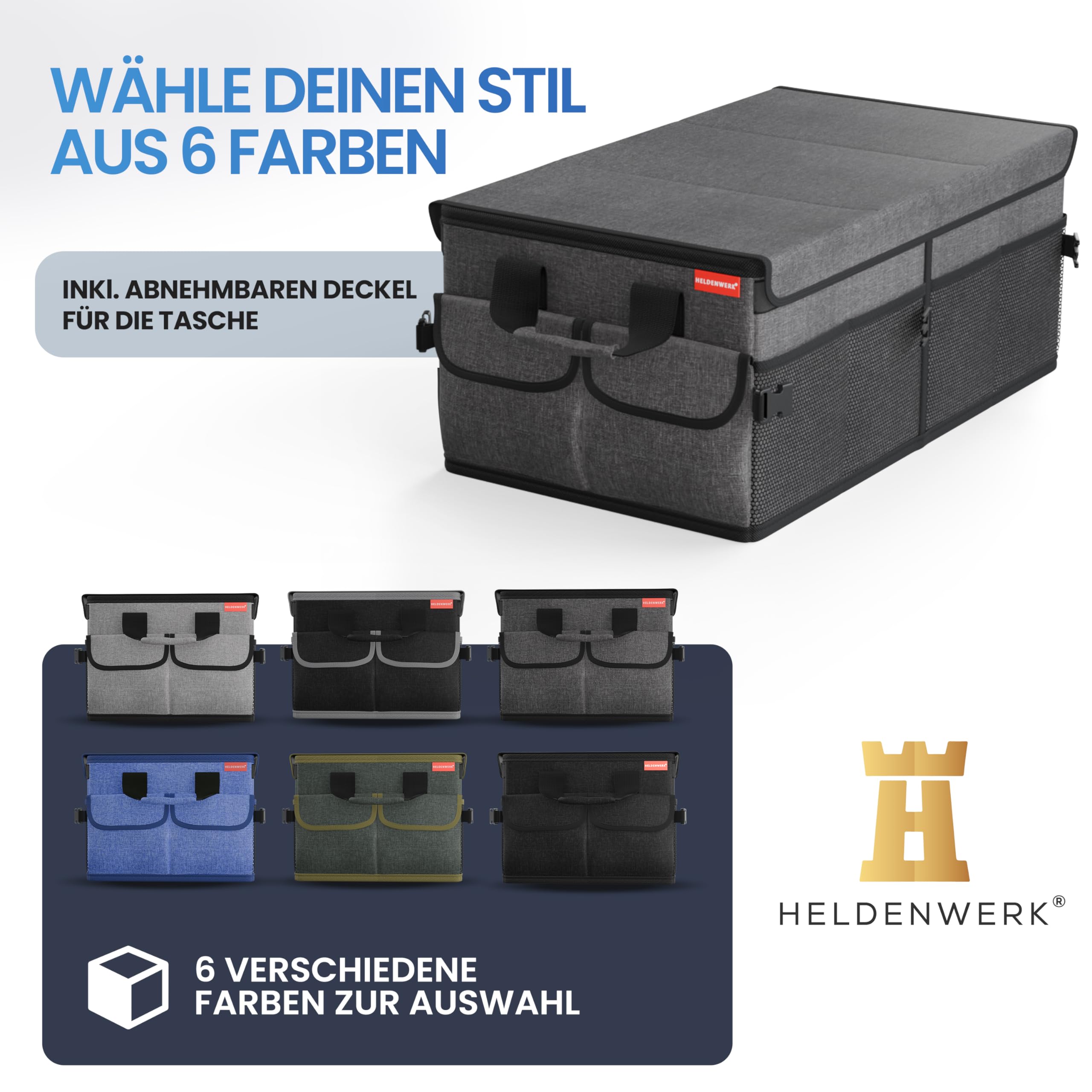 HELDENWERK Organizador de maletero de con tapa, estable y antideslizante, plegable para maletero de coche, grande, con estantes dobles, caja organizadora para maletero