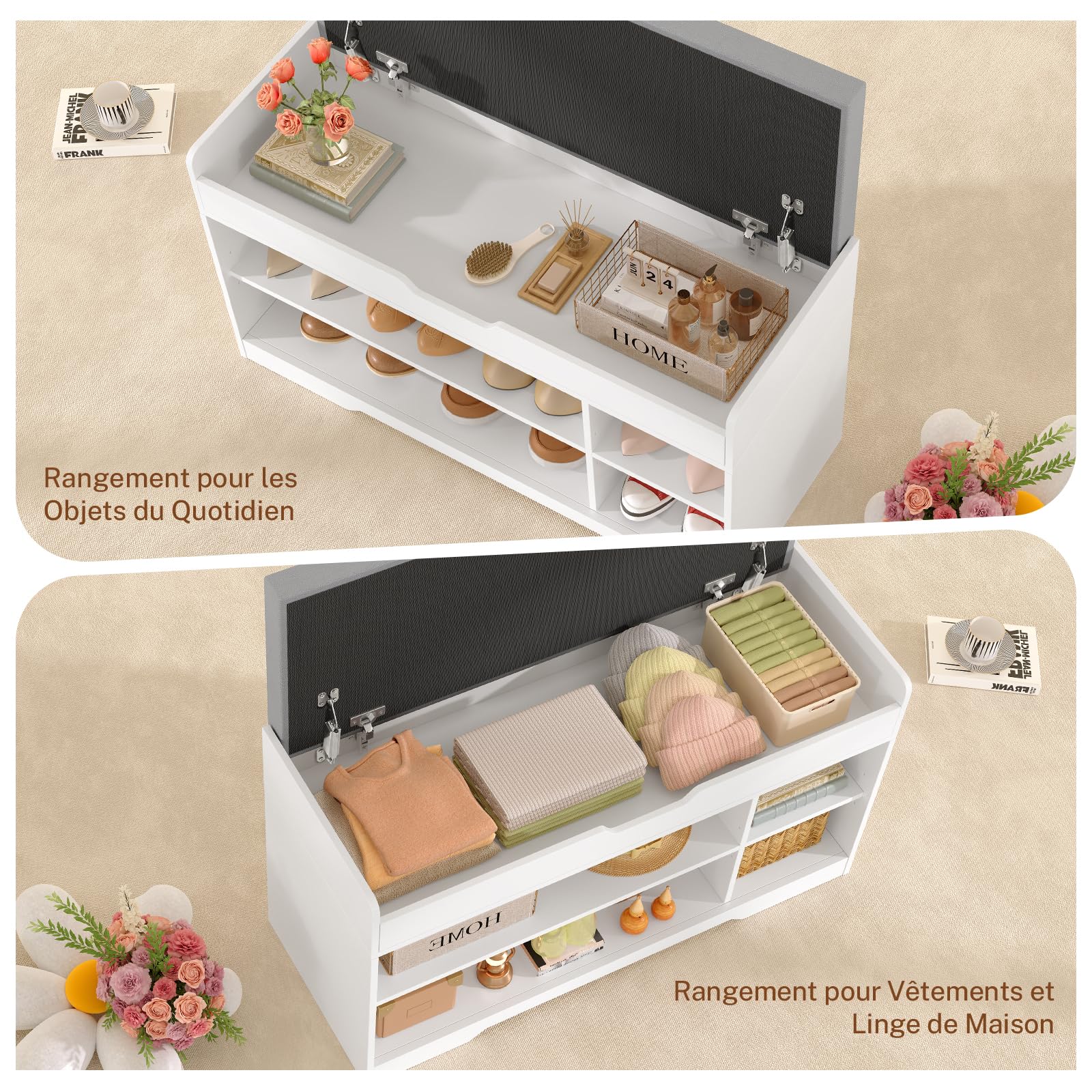 TEENFON 92cm Banc à Chaussures,Banc de Rangement avec Rembourré,Rangement Chaussures avec Portes, 2 Étagères Réglables,Meuble Chaussure pour Entrée, Chambre,92x35x50cm (Blanc)