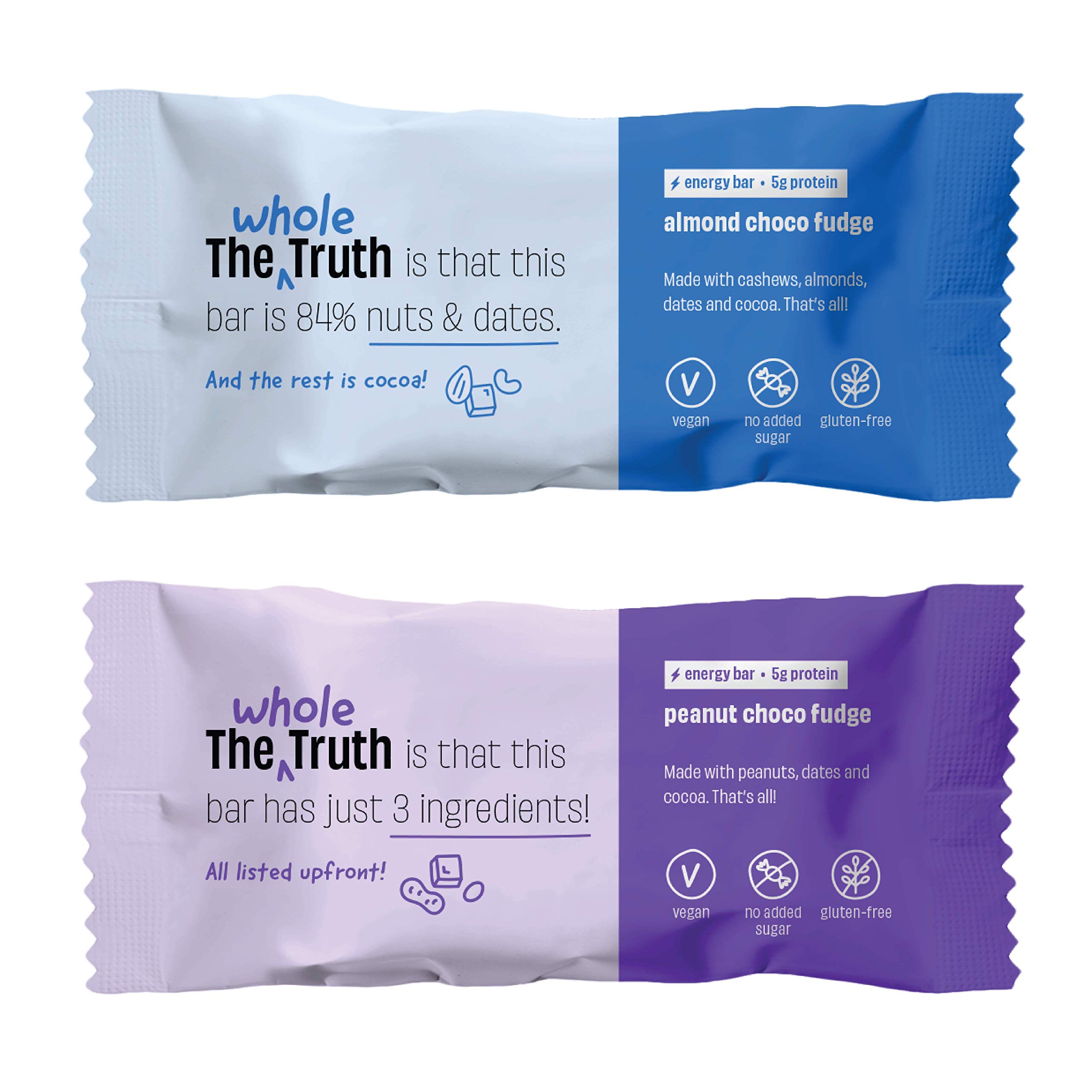 The Whole Truth - Energy Bars | Nuts For You (4 Peanut Choco Fudge, 2 Almond Choco Fudge) | Pack of 6 x 40g | Dairy Free & Sugarfree | No Preservatives | All Natural | Healthy Snack