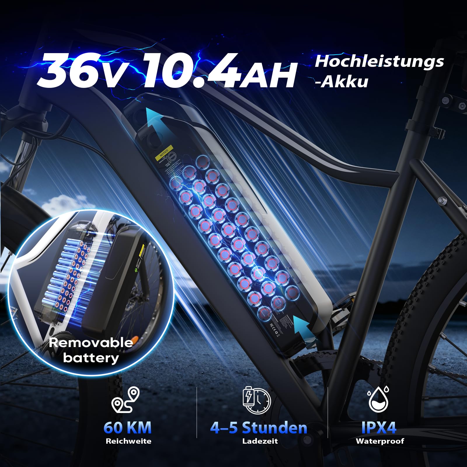 Finbike E Bike 26 Zoll, Elektrofahrrad 36V 10.4/15Ah Tauschbar Akku, 60-100KM Schnelllade EBike mit 7Gänge & Doppelscheibenbremse, E Mountainbike für Stadt,Durft, Alltagsmobilität