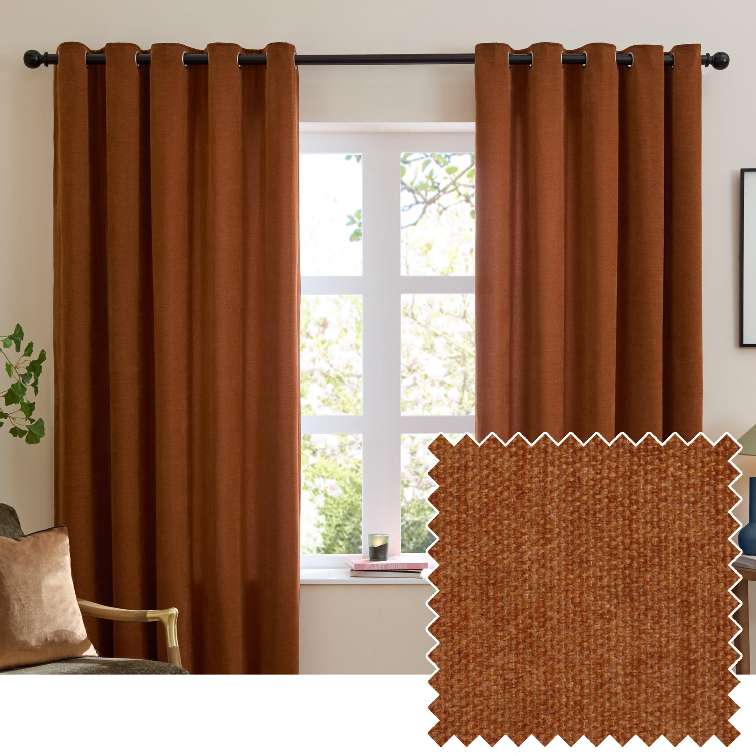 furn. Soft Chenille Blackout Eyelet Curtain Pair – Soft Touch Matt Textured Lined Minimalist Curtains (Rust - 229x183cm)