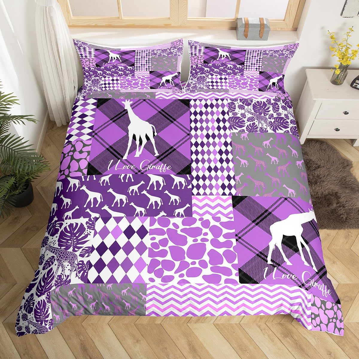 Homewish Cute Giraffe Duvet Cover Super King Purple Animal Print Bedding Set, Tropical Palm Tree Leaves Comforter Cover Abstract Wave Lines Bed Set, Checkered Grid Bedding