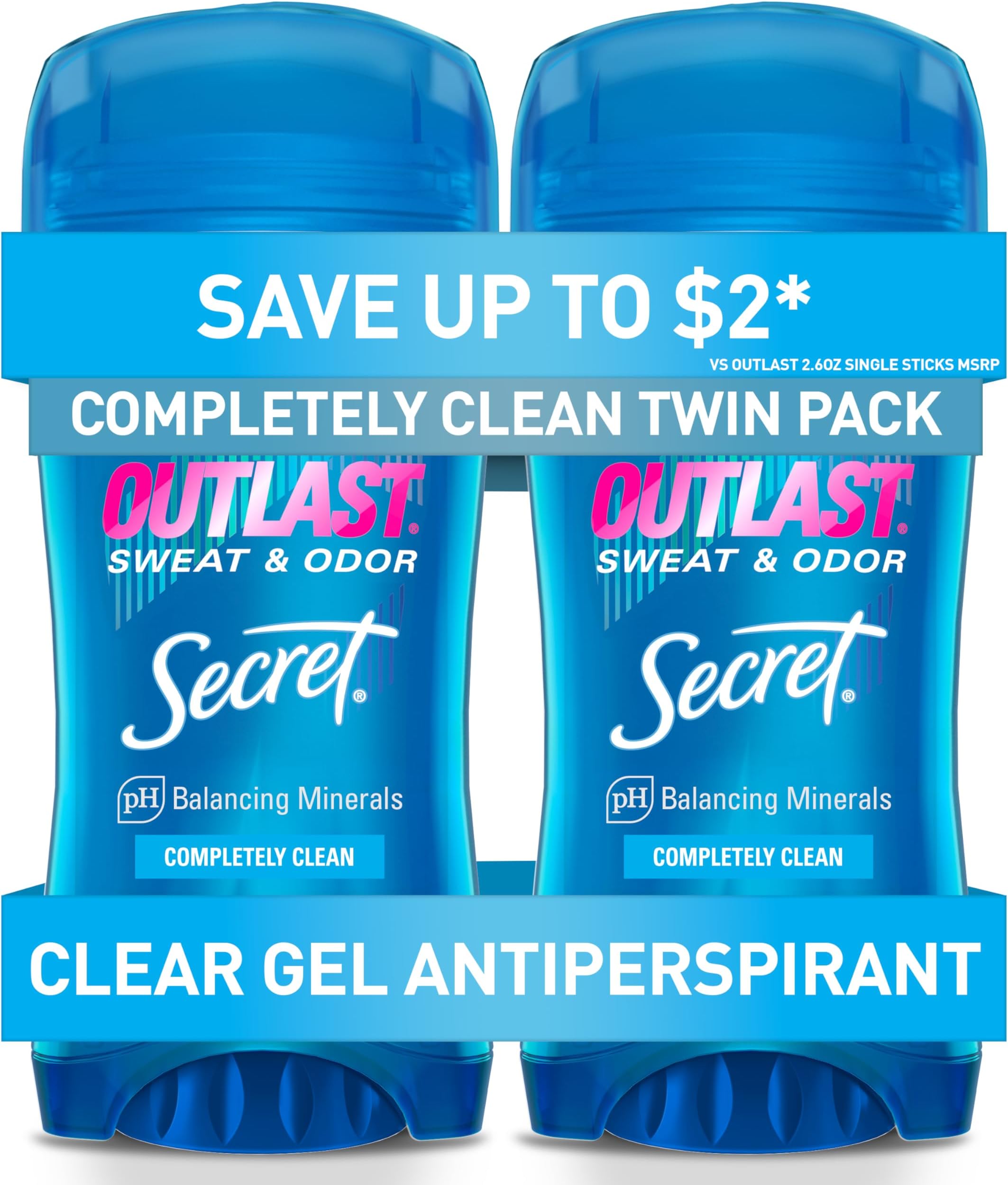 Secret Outlast Antiperspirant Deodorant for Women, 72hr Sweat & Odor Protection, PH Balancing Minerals, Pro-Hyaluronic Acid, Clear Gel, Completely Clean Scent, 2.6 oz (Pack of 2)