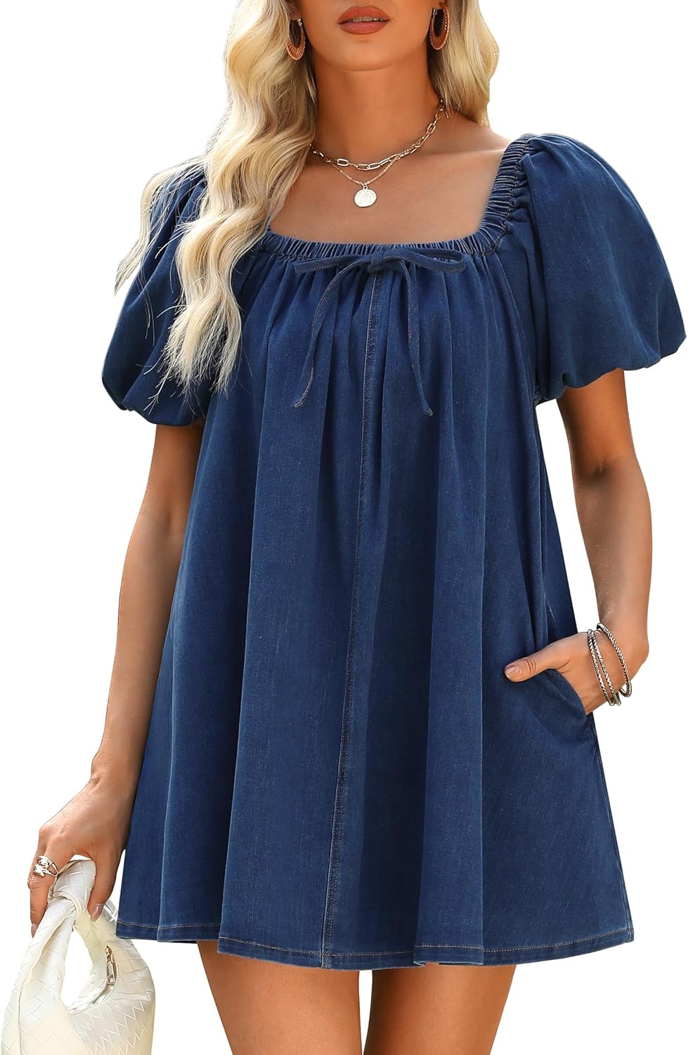 Denim Dress for Women, Puff Short Sleeve Jean Dress Square Neck Denim Romper with Pockets - Image 2