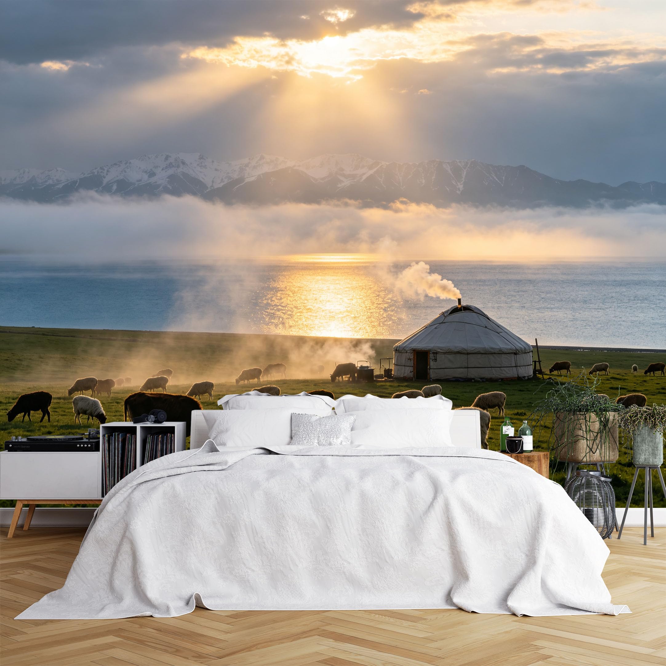 Custom Size Wall Murals Sunset Grassland with yurt and grazing Sheep Wall Murals Pastoral Scenery Wallpaper, Realistic Self-Adhesive Removable Wallpaper for Living Room Lounge