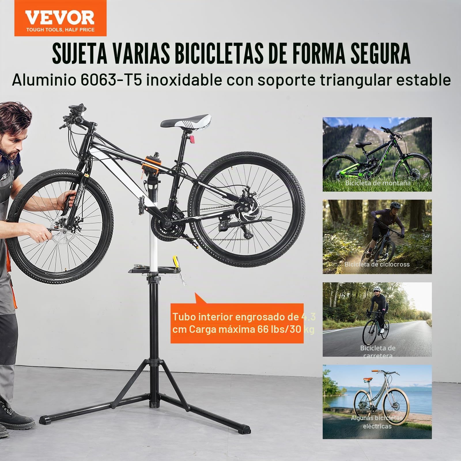VEVOR Soporte Plegable para Taller de Bicicletas Carga de 30 kg Soporte de Reparación de Bicicletas Ajustable en Altura, Abrazadera Giratoria de 360° con Soporte para Herramientas para Mantenimiento