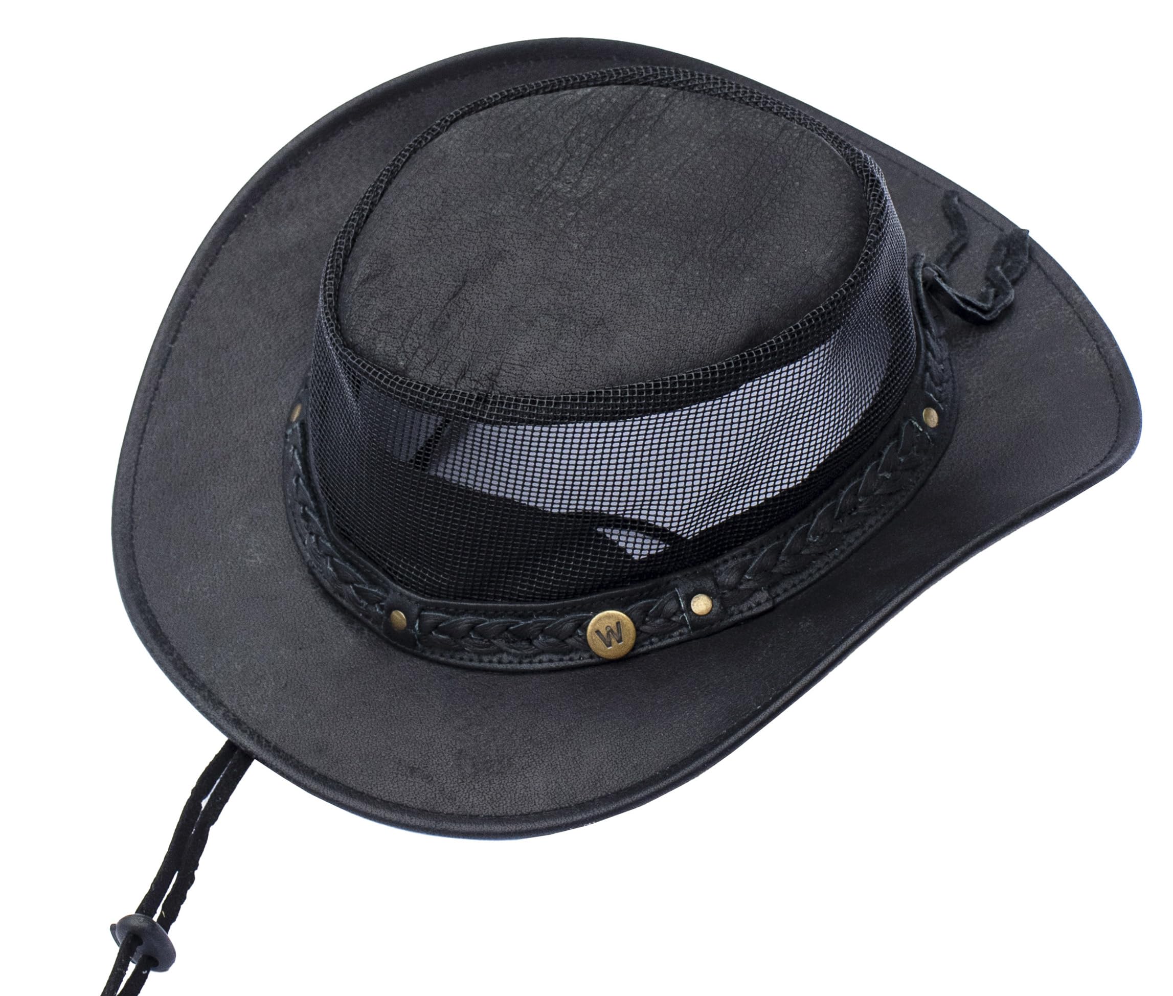 Wombat Leather Unisex Black Wombat Australian Leather Hat, Cowboy Hats Breathable With Mesh Sides, Bush, Outback Mens Womens Hiking Safari Trekking Adventure Outdoor Foldable Lightweight - Xlarge