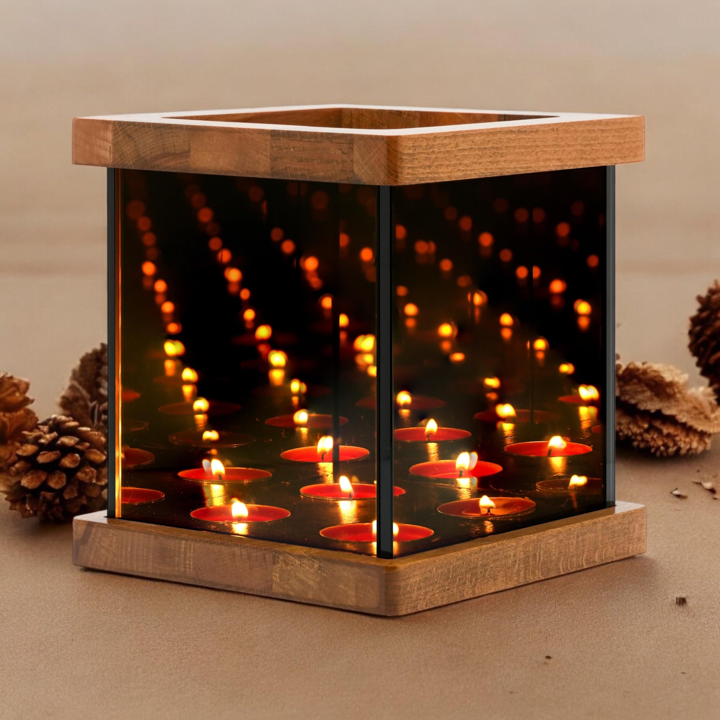 Infinity Mirror Tea Light Holder, Glass Hurricane Candle Holder, Wood Candle Night Lights, Infinity Cube Unique Tea Light Holder, Table Decor, Wedding Gift, Bedroom Night Light, Rustic Home Decor