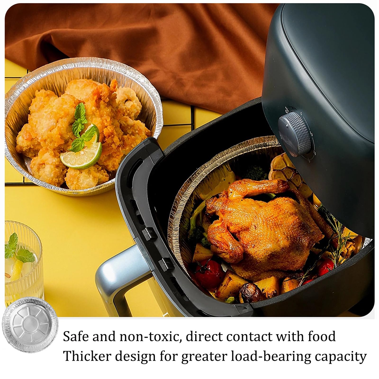 50 Pezzi Contenitori in Alluminio Monouso 8 Pollici, Alluminio Vaschette Rotonda, Teglie USA e Getta, Resistente All'Acqua e All'Olio per Cuocere, Cuocere a Vapore, Cucinare e Conservare