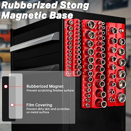 Miniatura 3 de SHALL Juego de organizador magnético de zócalos, 3 piezas de soportes métricos para llaves de vaso que incluyen bandejas de enchufe de 14 pulgadas,